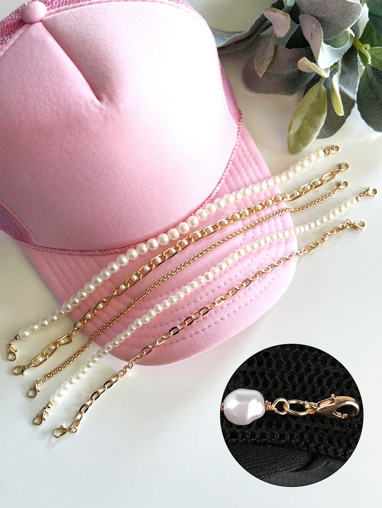 1pc/5pcs Gold Faux Pearl Hat Chain Brim Decoration Unisex Metal Detachable Chain Loose Trucker Hat Pearl Thick Chain Accessory Pendant Women's Keychain For DIY Mesh Baseball Cap Lanyard (Hat Not Included)
