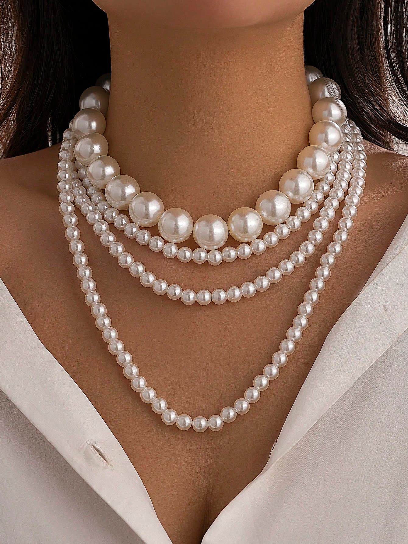 2pc Set Fashionable Elegant Asymmetrical Pearl Beaded Necklace, Luxurious Jewelry For Women, Catwalk Formal Dress Party Accessory, Gift For Her On Holidays