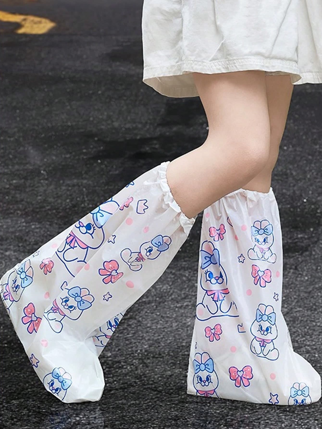 2/5 Pairs Waterproof Lightweight Cartoon Print Shoe Covers | Long, Thick, Portable, Durable Footwear Protectors With Cute Animal & Heart Designs For Outdoor Activities