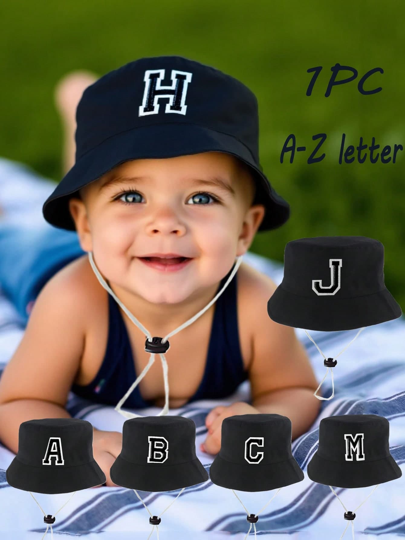 1pc Kids 26 Letter Print Sun Hat With Adjustable Wind Cord, Casual Style Baby Bucket Hat, Suitable For Outdoor, Beach, Sun Protection