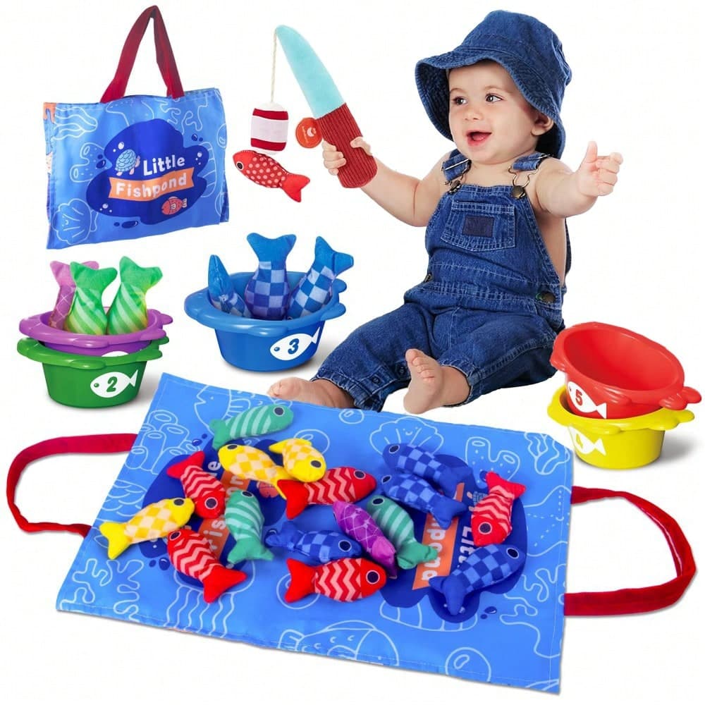 Montessori 10-In-1 Fabric Fishing Game Toy For Toddlers, Includes Stacking Cups, Baby Toy, Suitable For 6 Months+ 1 Year Old Children, Birthday Gift, Toddler Toy, Gift For Boys/Girls 6 Months+