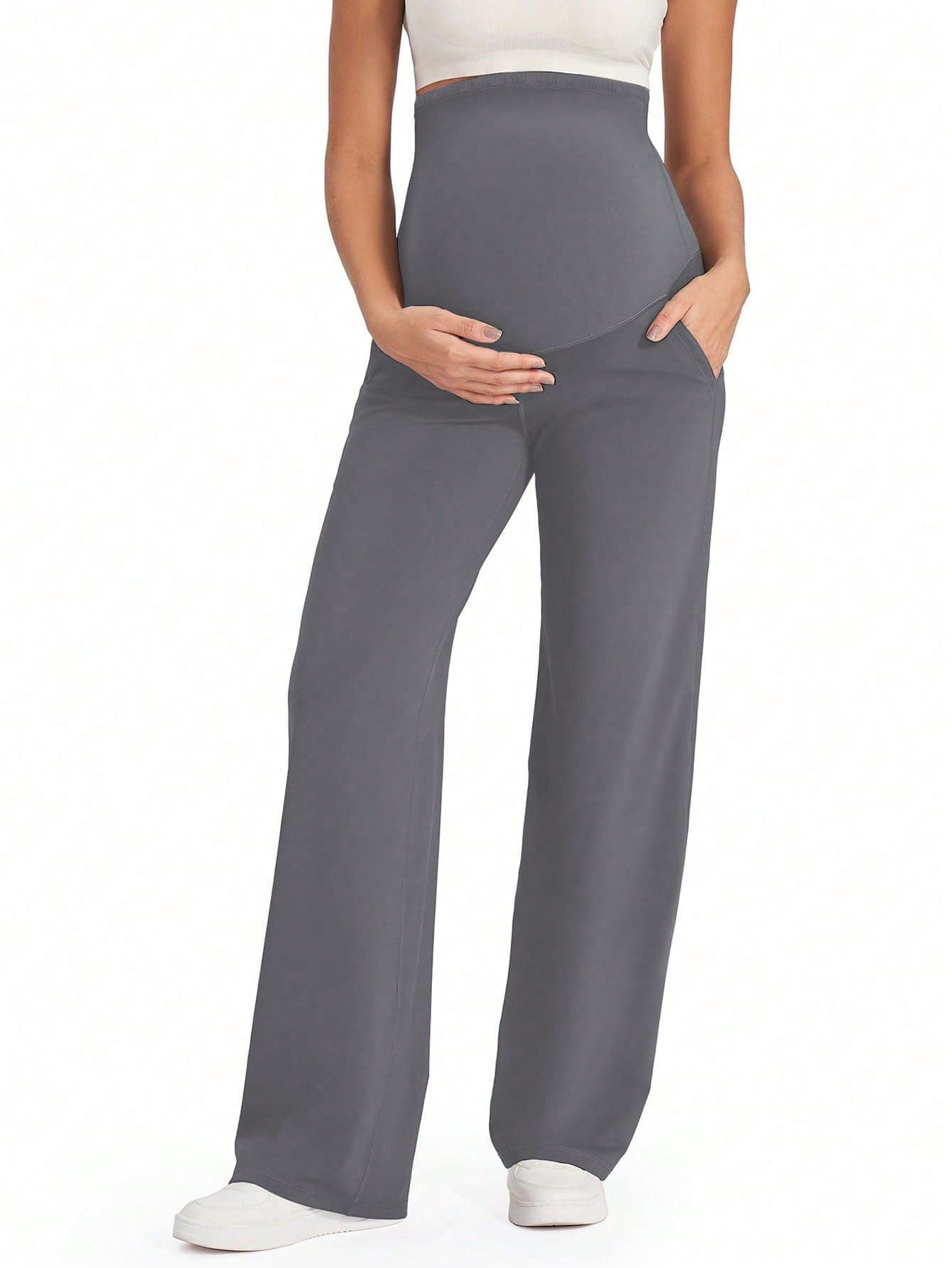 1pc Women's Maternity High Waist Wide Leg Yoga Pants, Adjustable High Elastic Belly Support, Loose Fit With Pockets, Casual Sports Pants For Daily Wear