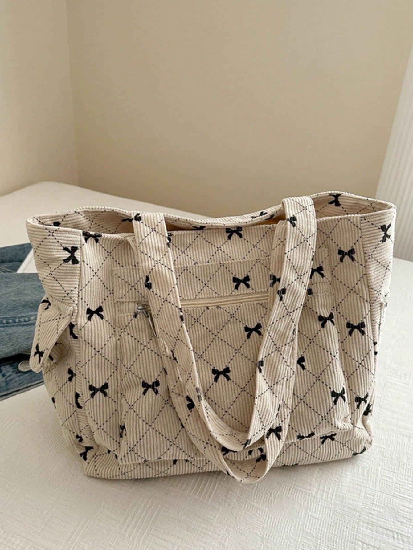 1pc Fashion Contrast Color Bow Print Shoulder Bag, Minimalist & Lightweight, Multi-Pocket Design, Shoulder Handbag , Office , Beach