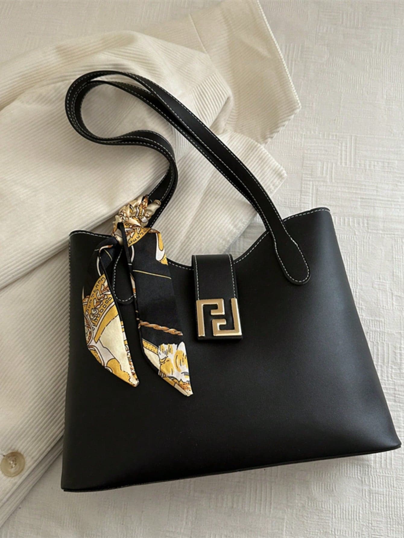 PU Shoulder Tote Bag With Scarf Pattern, Large Capacity, Lightweight And Versatile, Suitable For Commuting,Business Professional Women