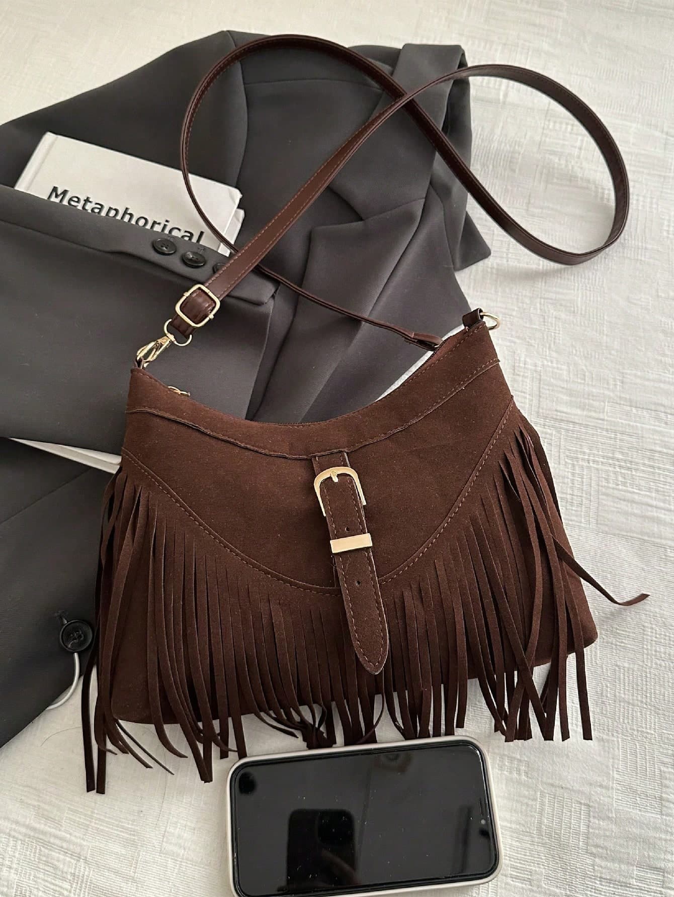 1pc Fringed Decor Solid Color Suede/PU Leather Crossbody Bag, Vintage Chic Style, Suitable For Women Everyday Use In Autumn/Winter,