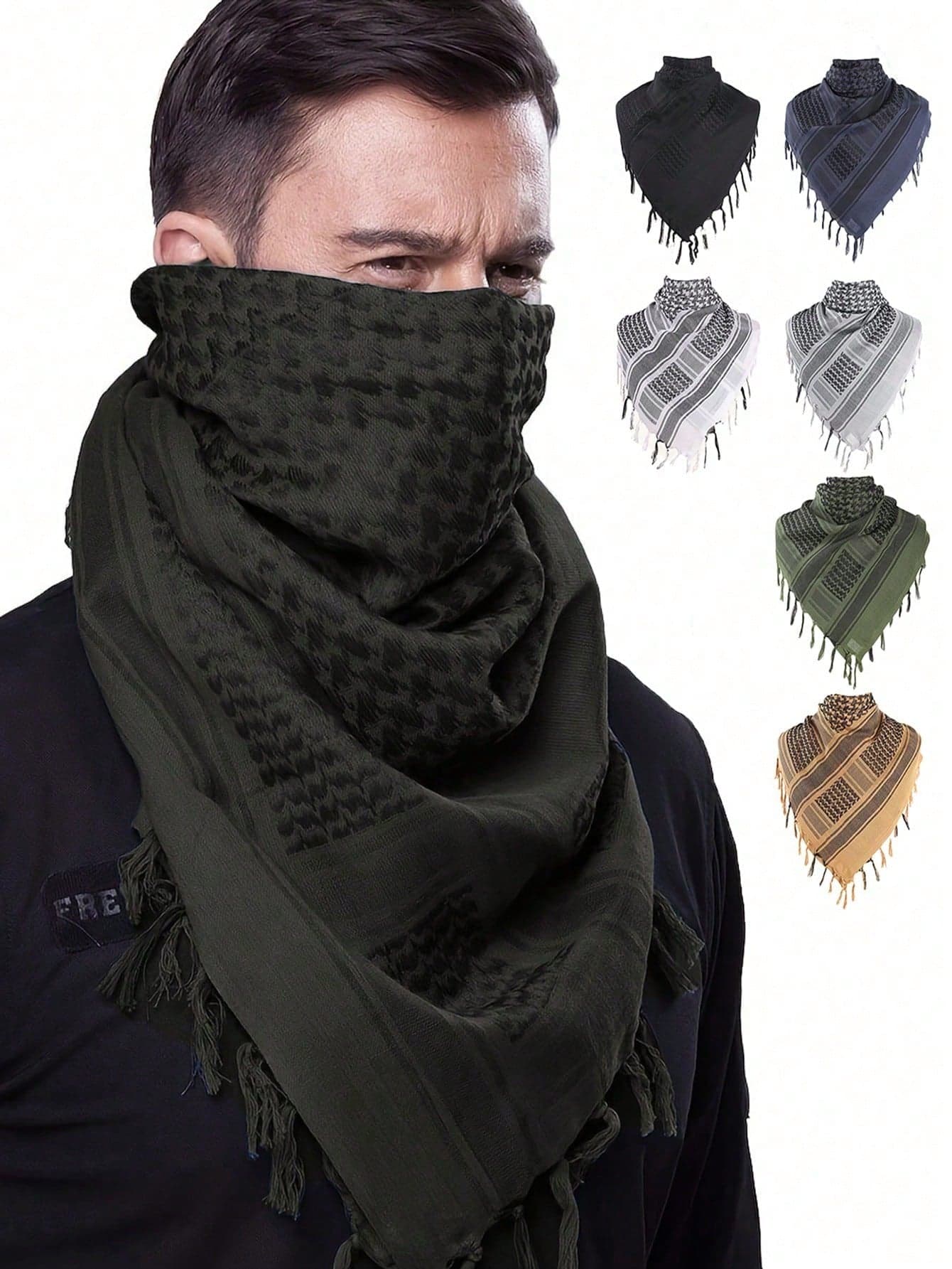 1pc Men's Black Tactical Scarf - Durable, Bohemian Style, For Outdoor Enthusiasts And Military Fans, With Tassels Mask Headwear