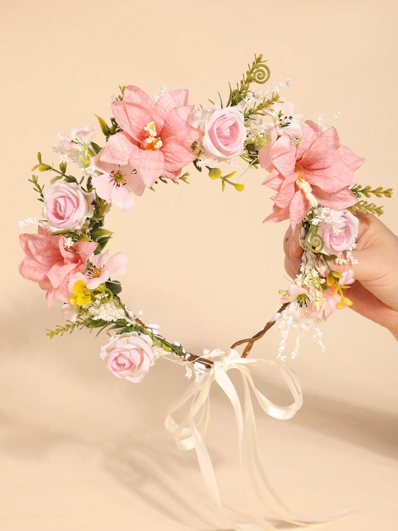 1pc Pink Rose Flower Bohemian Floral Wreath, Romantic For Wedding Season, Crowns, Tiara, Costume Crown, Head Wreath, Headpiece, Hair Circlet, Hair Vine, Hawaiian Outfit For Women, Hair Accessories, Bride To Be, Valentines Accessories, Hair Accessories For Women