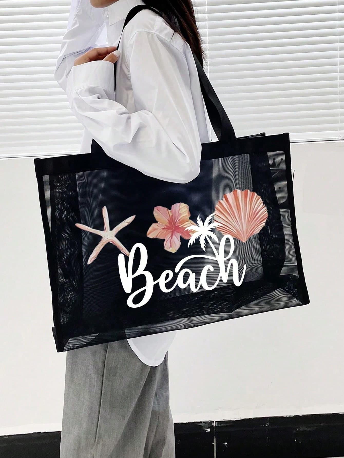 1pc/2pcs Large Capacity Mesh Tote Bag With Letter Decoration Multifunctional Large Capacity Polyester Mesh Tote Bag And Makeup Bag Set - Beach Vacation Storage And Shopping - Suitable For Teen Girls And Women - College Students - Suitable For Beach, School, Daily Use - Perfect Gift For Teen Girls And Women, Dual Handles, Washable Travel And Storage Bag Suitable For Vacation