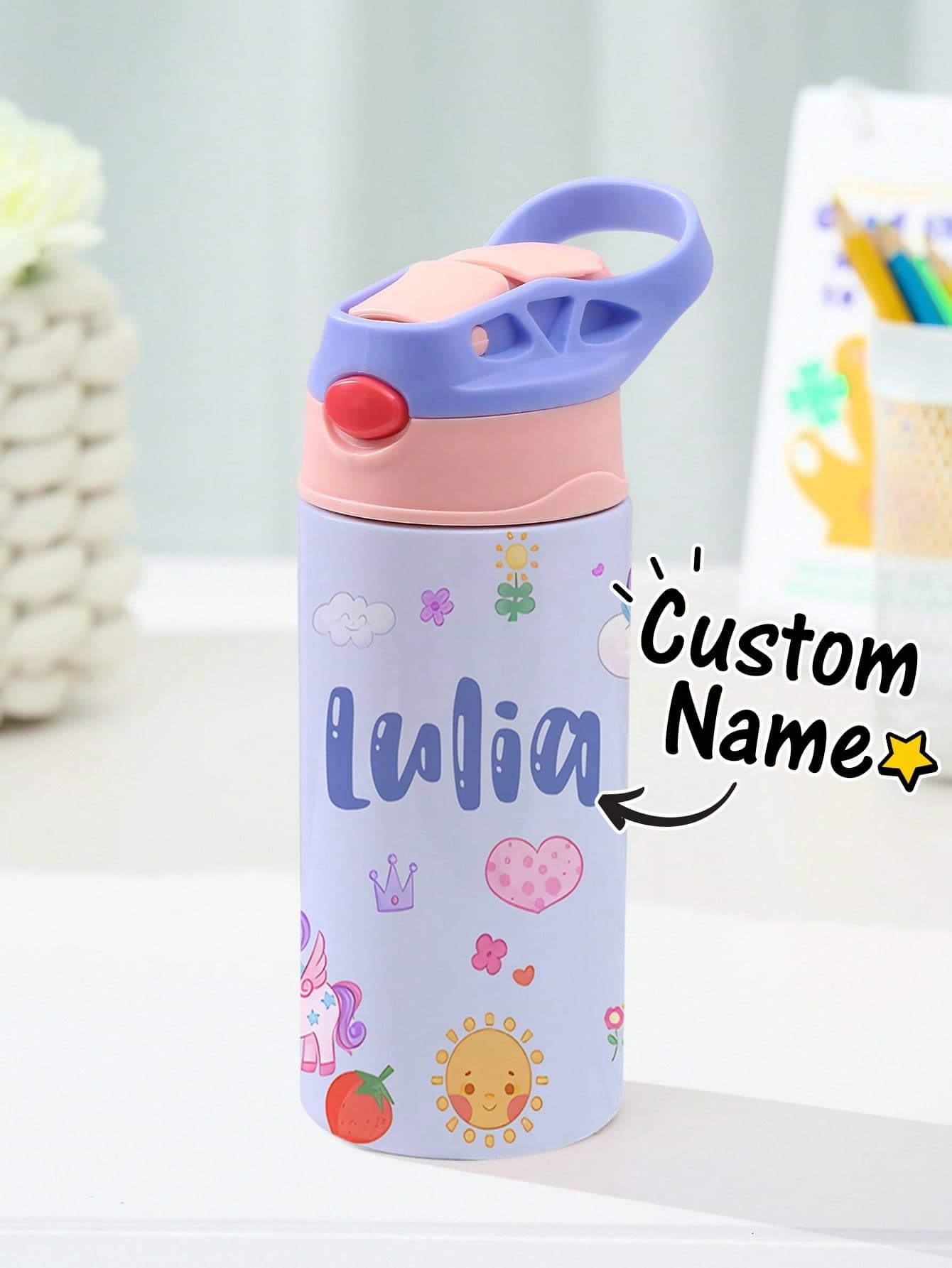1pc Customized Back To School Water Bottle, Personalized Children's Stainless Steel Cup With Silicone Straw, 12oz/350ml, Unicorn, Butterfly, Space, Construction Vehicle Themes, Pink, Green, Blue, Purple, 5 Color Options, Insulated Cup