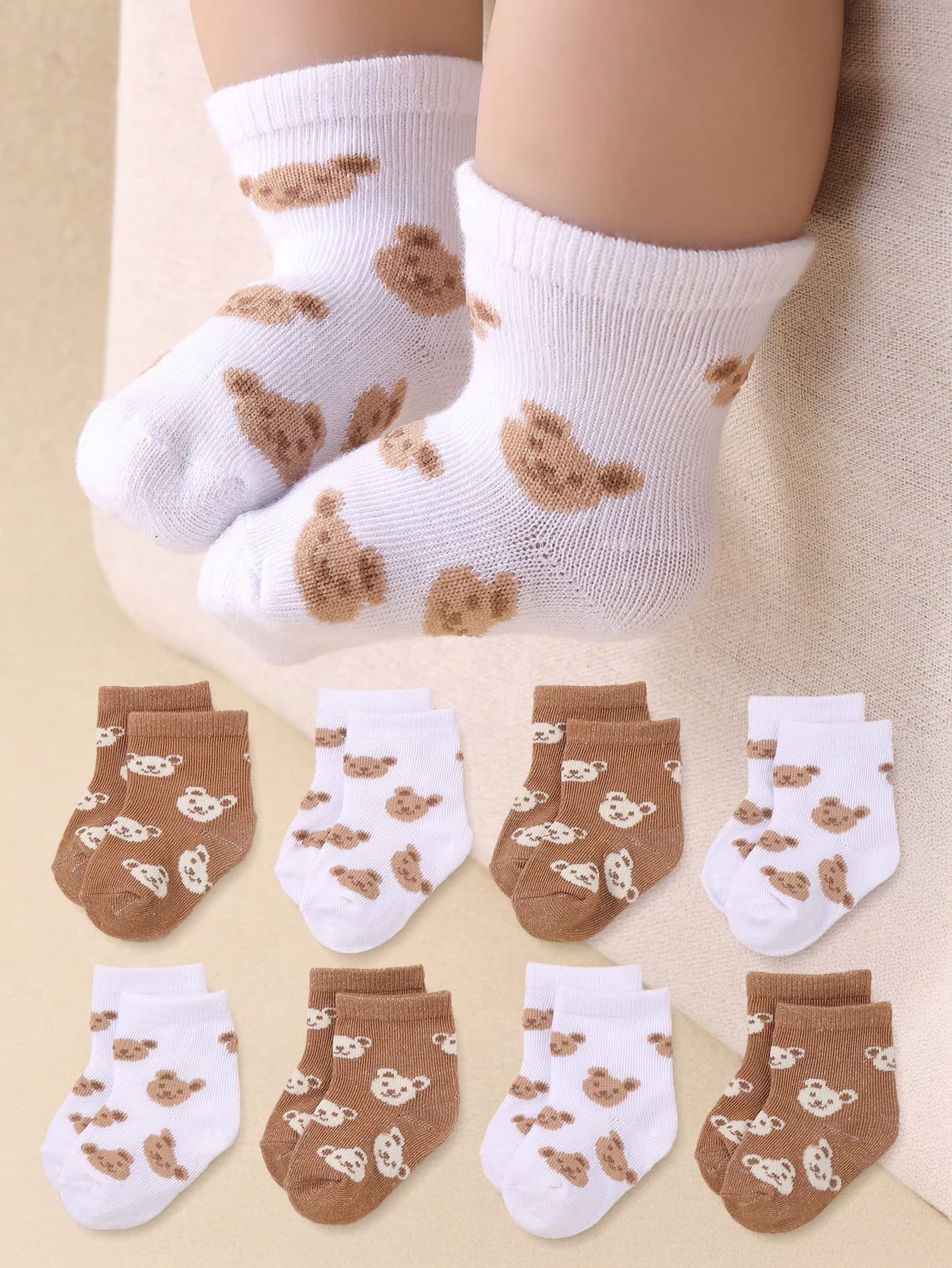 8 Pairs Cute Bear Pattern Over-The-Knee Socks, Autumn Colors, Suitable For Infants - Skin-Friendly, Soft, Comfortable, Versatile. New Autumn Product, Baby Socks, Suitable For Daily Wear In All Seasons, Holiday Gifts, Travel And Back-To-School Outfits.