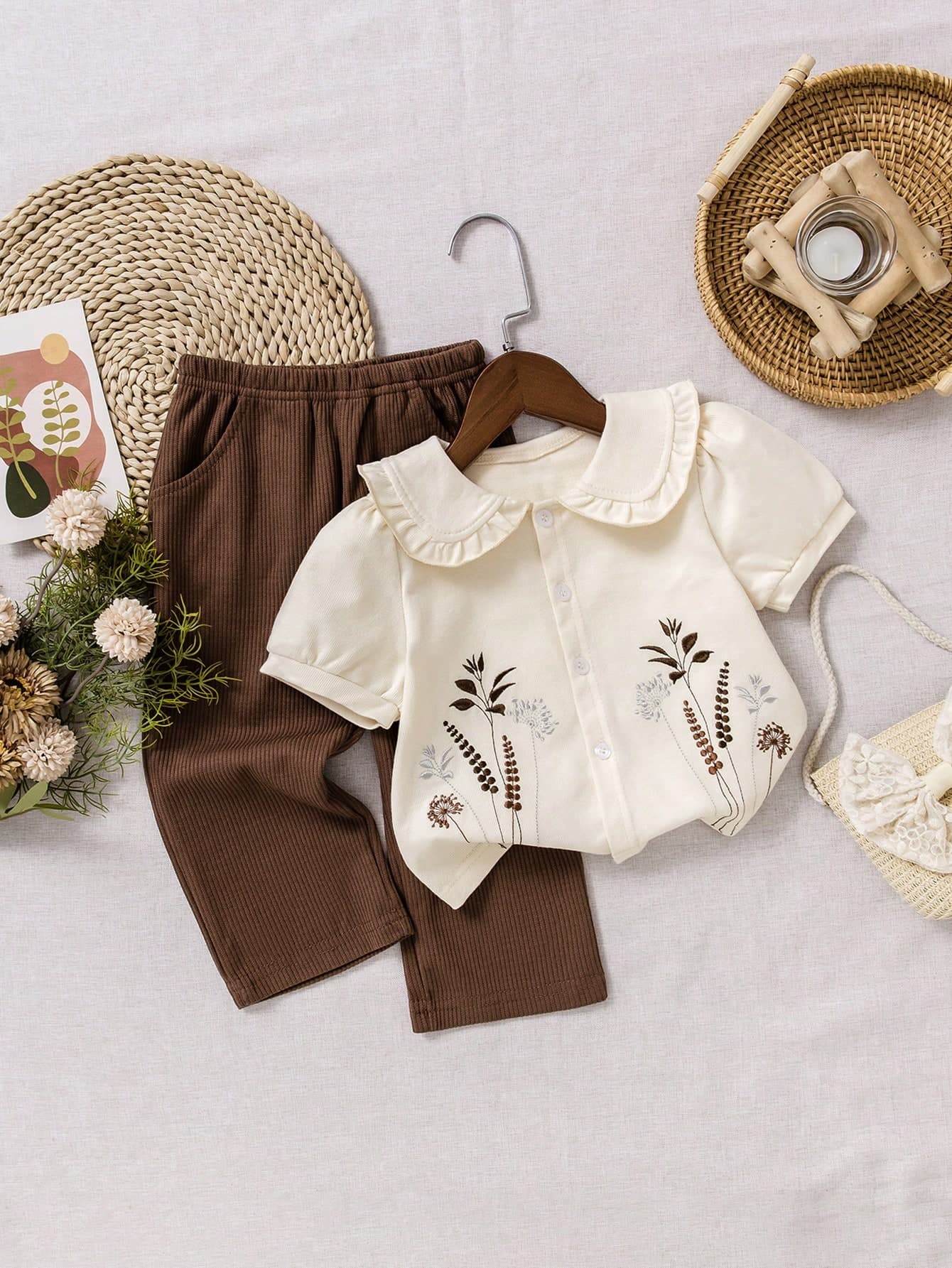 2pcs Girls Floral Embroidery Shirt And Straight Leg Pants Set, Pastoral Style Casual Outfit For Little Girls