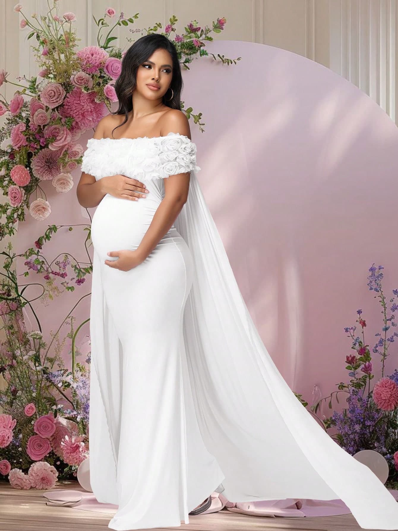 JustVH Maternity Floral Open Shoulder Dress, Suitable For Baby Shower, Mesh Cape-Style Long Dress, Can Be Used As Photography Prop Spring White
