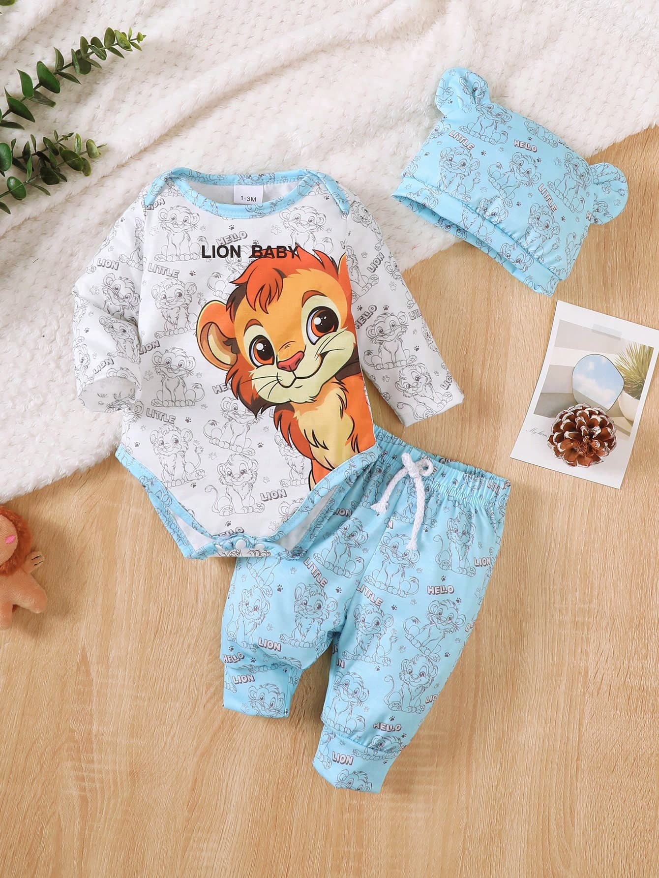 3pcs "Brave Lion Baby" Toddler Long Sleeve Top, Pants With Lion Print, And Hat With Ears Set