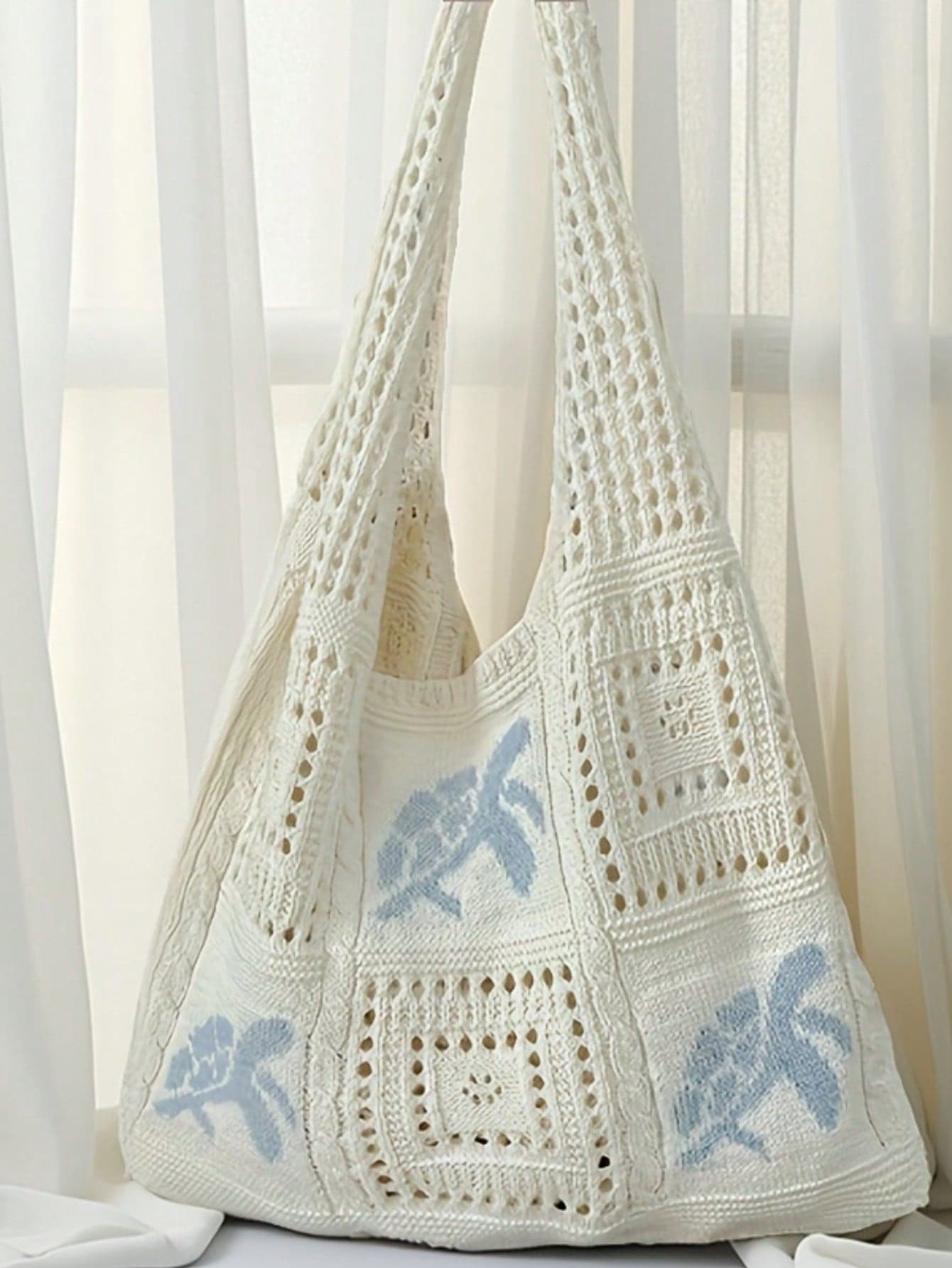 Women's Summer Beach Tote Bag, Crochet Design, Turtle Pattern, Large Capacity Open Handle, Suitable For Casual Outings And Beach Vacations