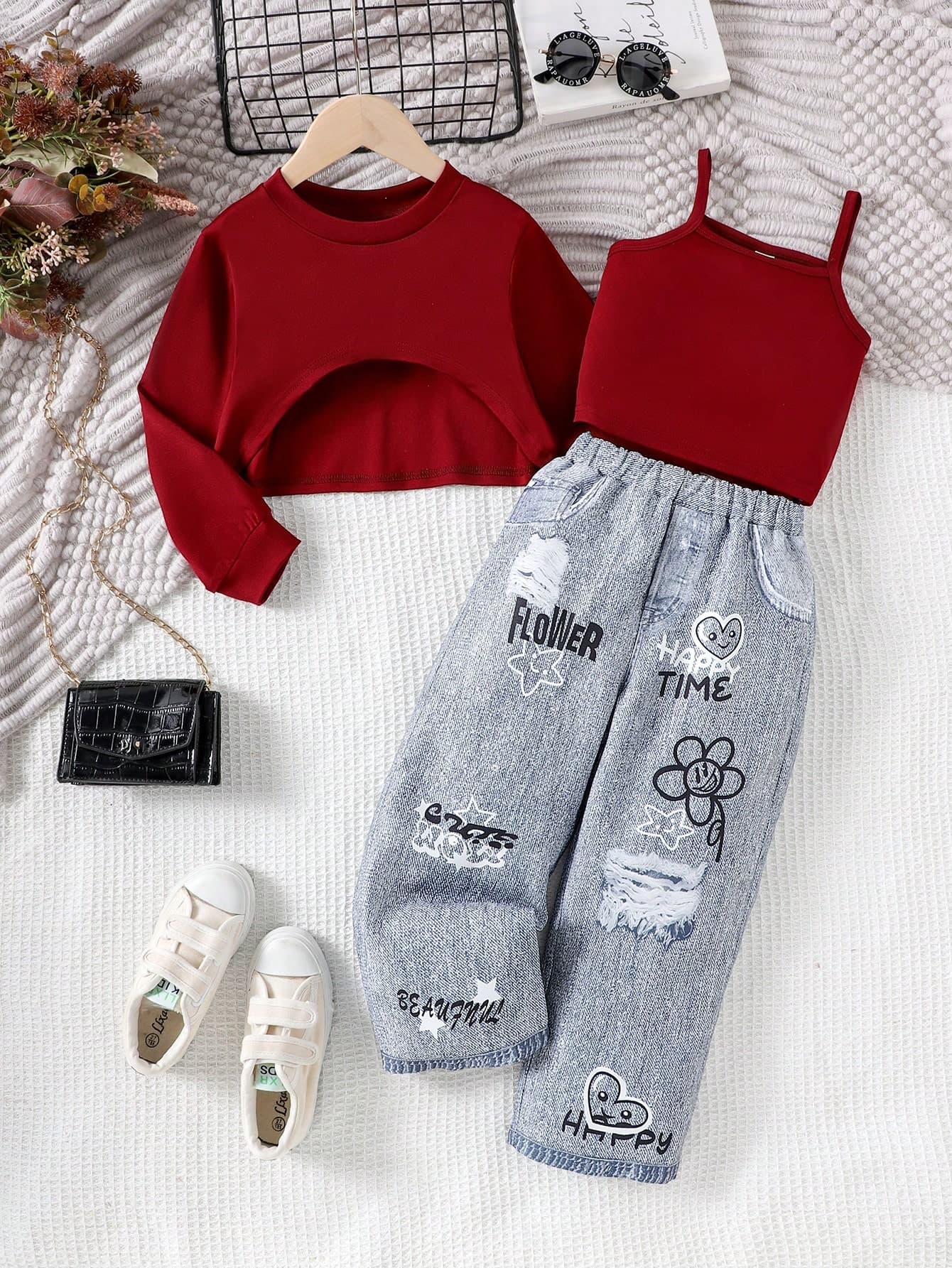3pcs Girls Toddler Sweet & Cool Casual Long Sleeve Pullover Top, Camisole Tank Top, Faux Denim Print Pants Set, Lightweight For Spring & Autumn
