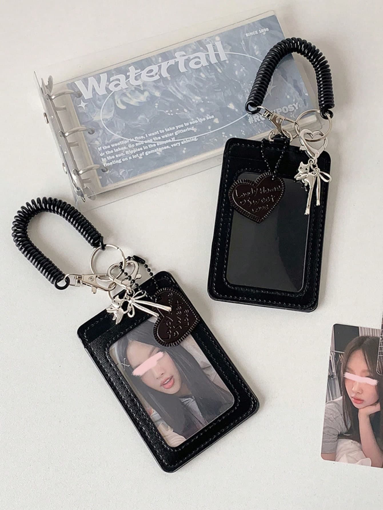 1 PC Photo Card Holder - Black Faux Leather Rectangular Frame With Heart Cutout & Metal Keychain, Cute Accessory