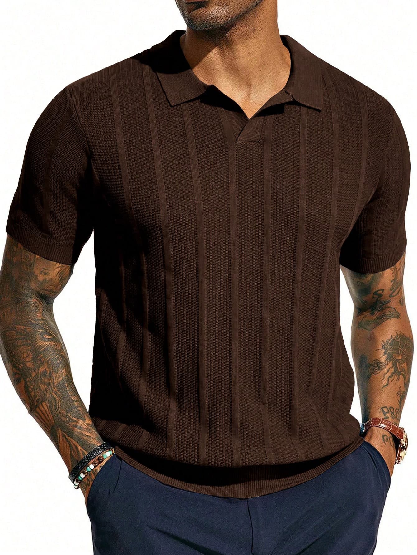 Men's Short Sleeve Knit Polo Shirt, Textured Vertical Stripe Casual Pullover Sweater Polo Top For Business Casual, Vacation, And Daily Wear