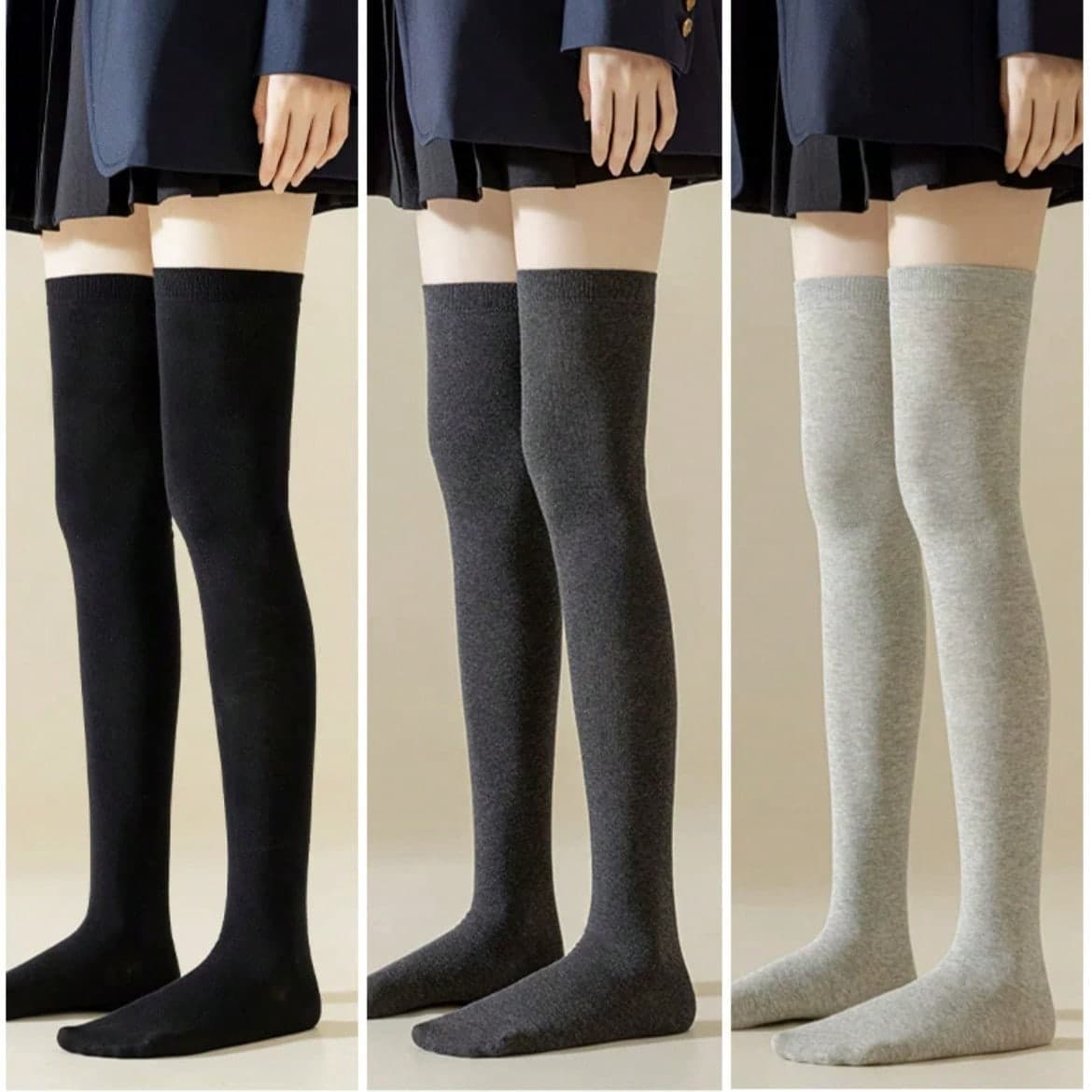 1 Pair Black & Grey Solid Color Slim Fit Over-The-Knee Socks, Autumn/Winter