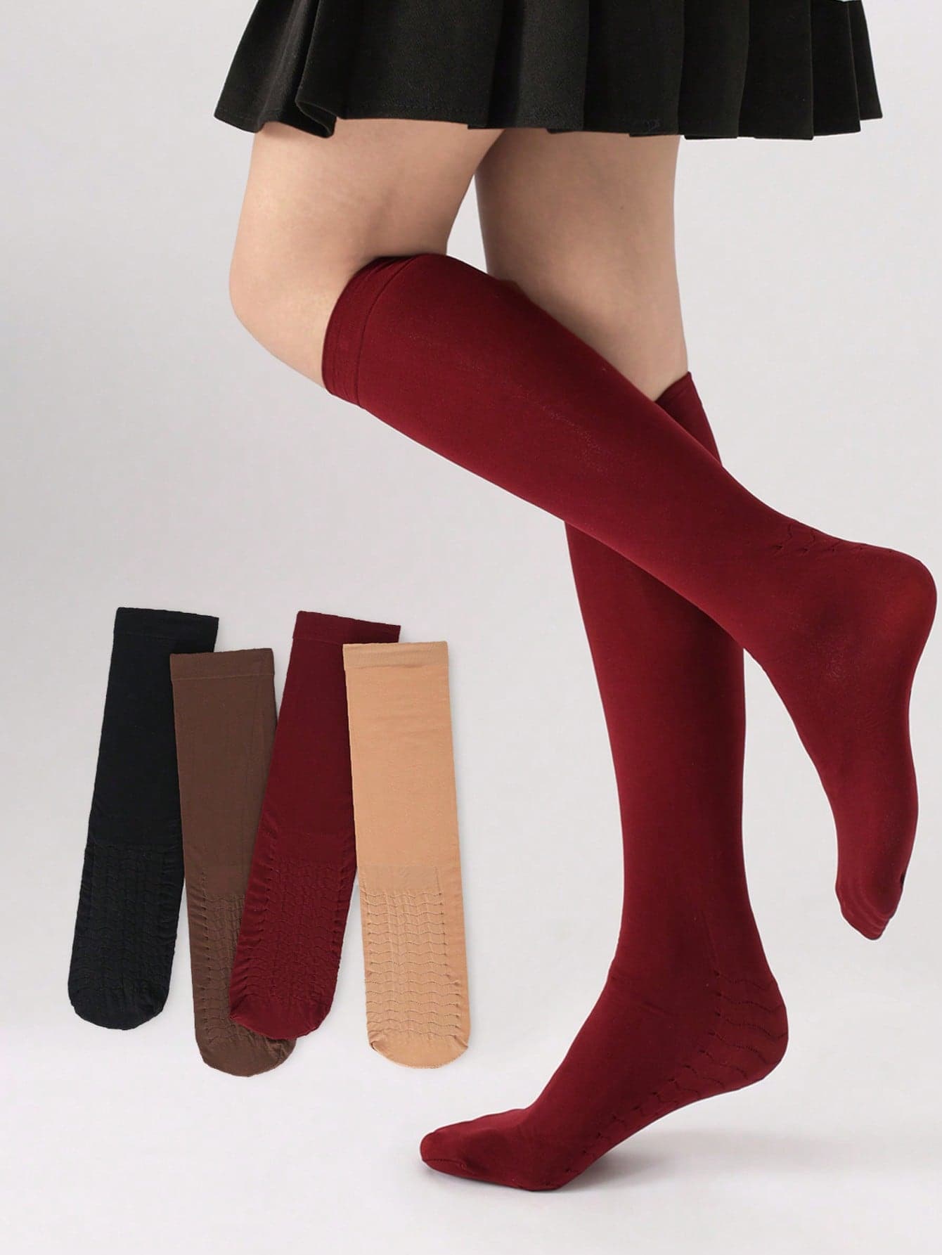 1/4/5 Pairs Women Solid Color Mid-Calf Socks, Non-Slip Wave Pattern Sole, Available In Black/Brown/Burgundy/Light Brown, Boat Socks, Y2K Style, Comfortable