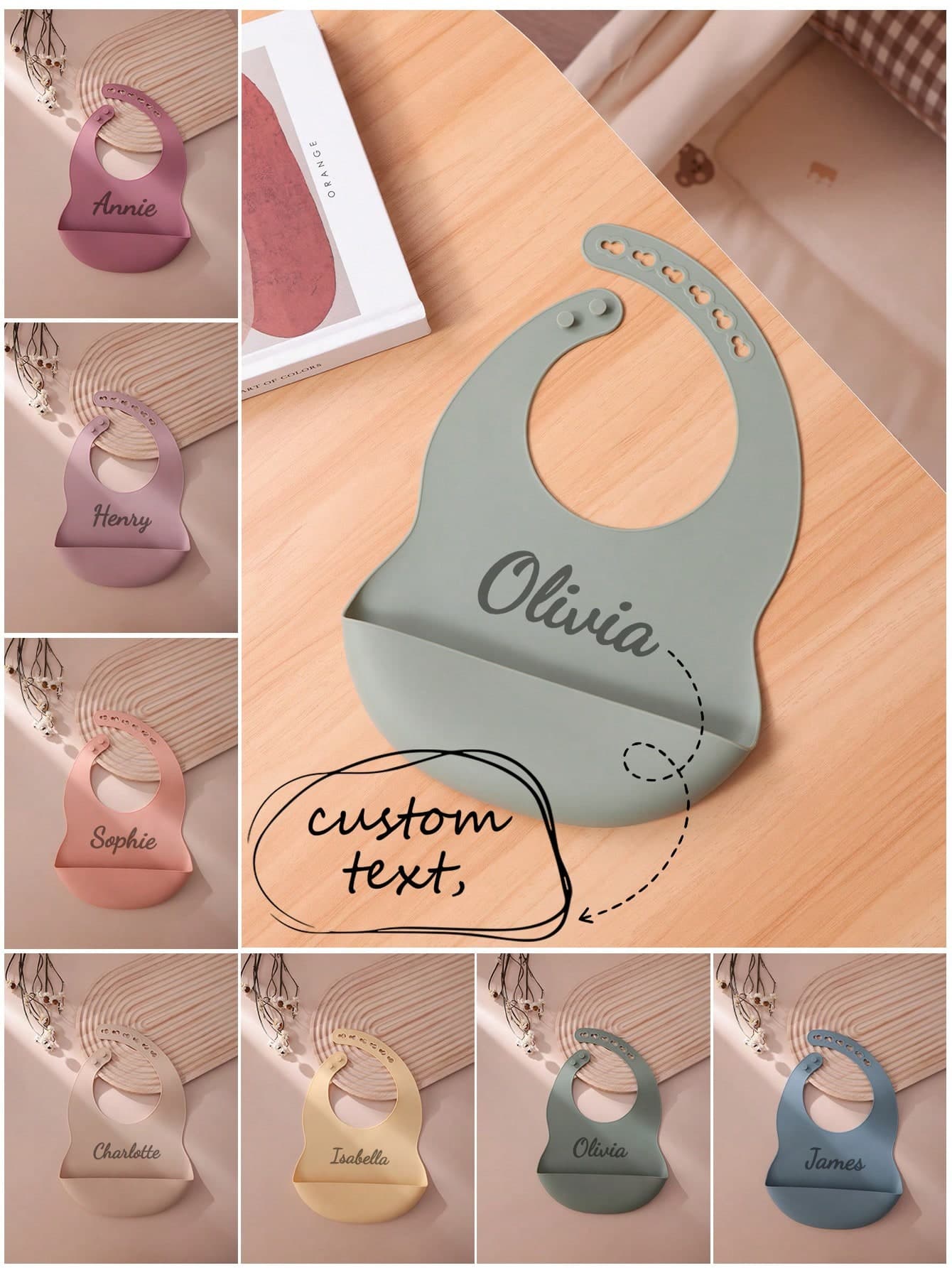 1pc Print On Demand Baby Silicone Bibs Solid Color Baby Stuff Portable Baby Adjustable Bibs Personalized Customization Name Baby Items Essentials