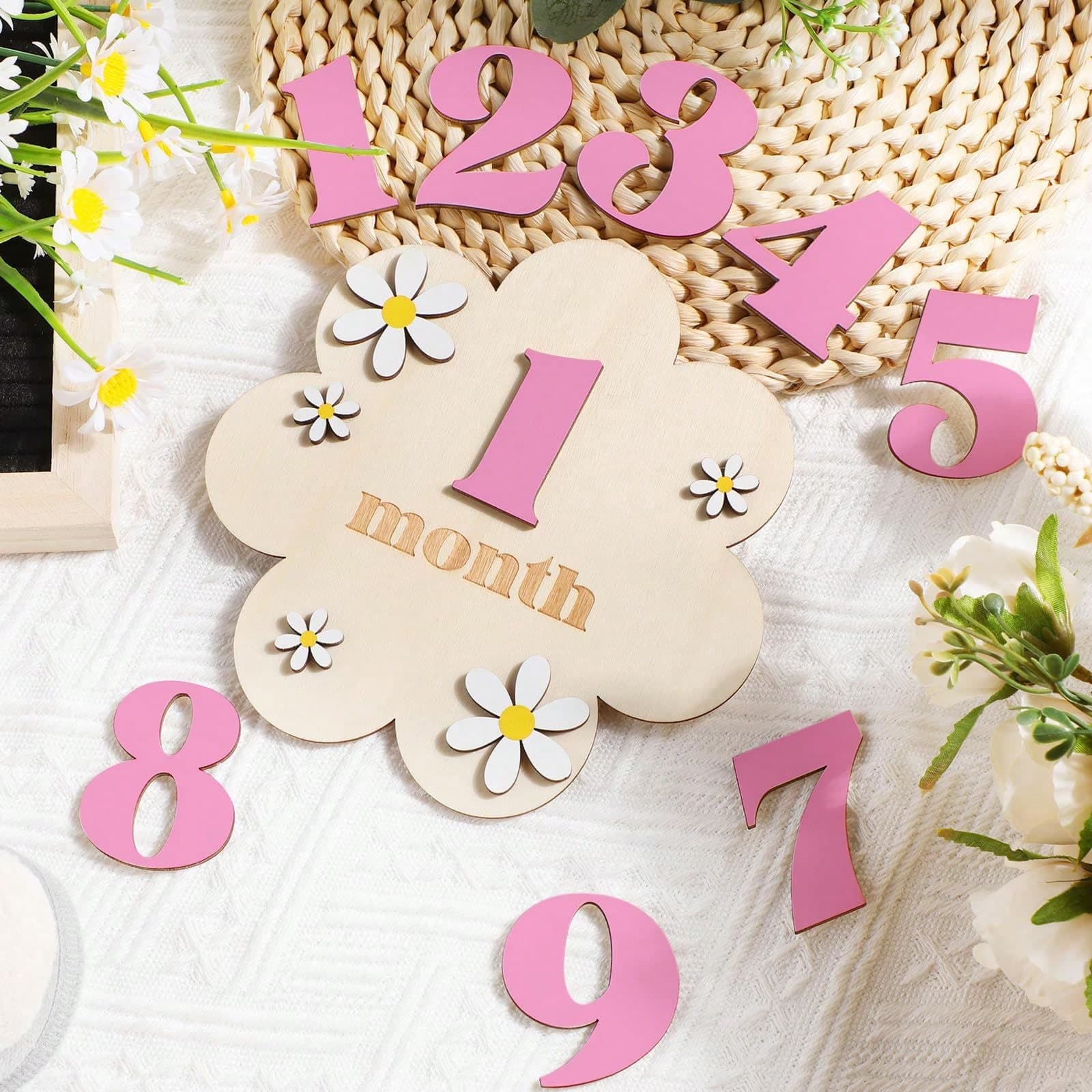1 Set 1-12 Months Baby Wooden Flower Growth Milestone Photography Props, Commemorative Photo Props, Double-Sided Milestone Hanging Baby Monthly Growth Milestone Cards, Wooden Newborn Monthly Growth Milestone Cards