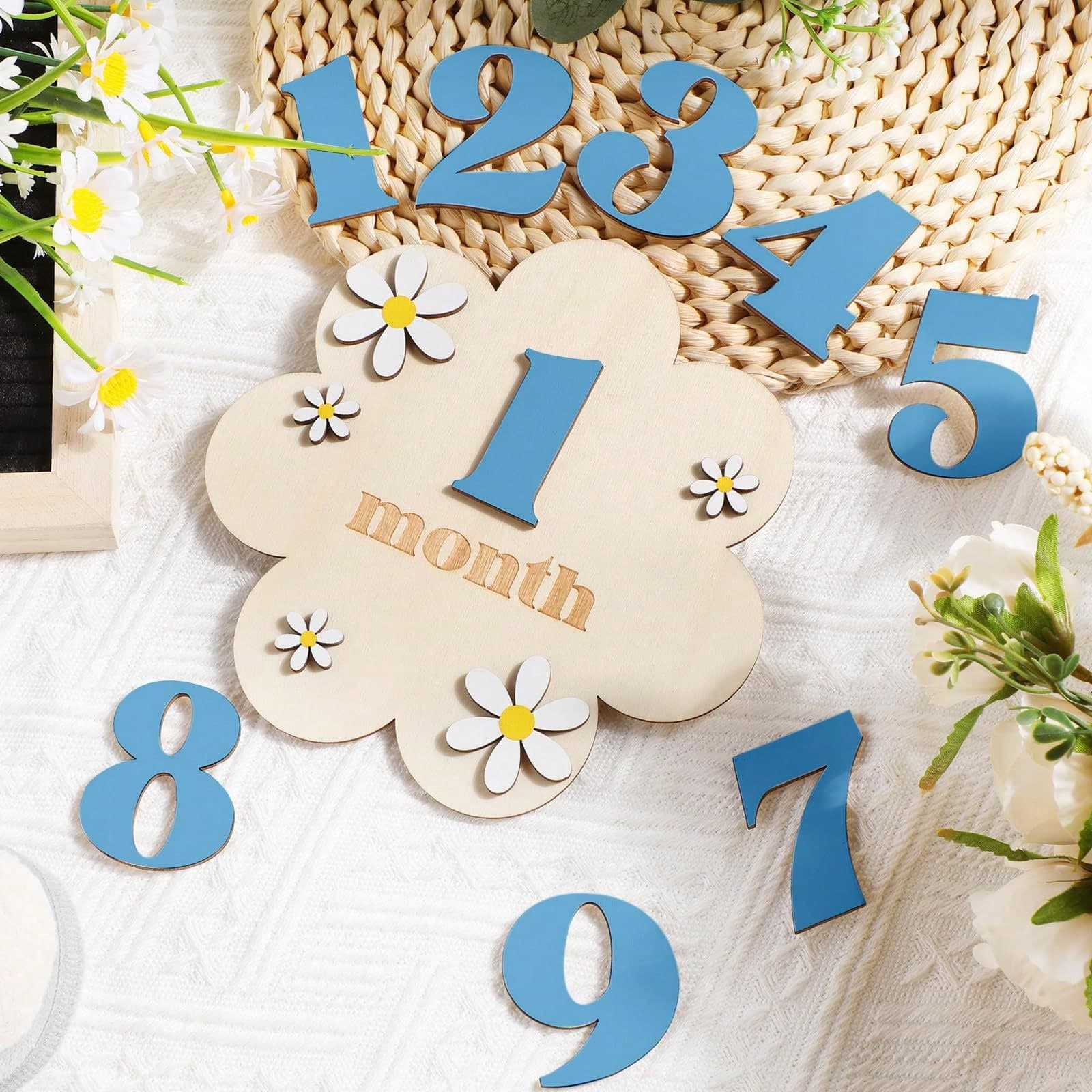 1 Set 1-12 Months Wooden Flower Growth Milestone Photography Props, Commemorative Photo Props, Double-Sided Milestone Hanging Baby Monthly Growth Milestone Cards, Wooden Newborn Monthly Growth Milestone Cards