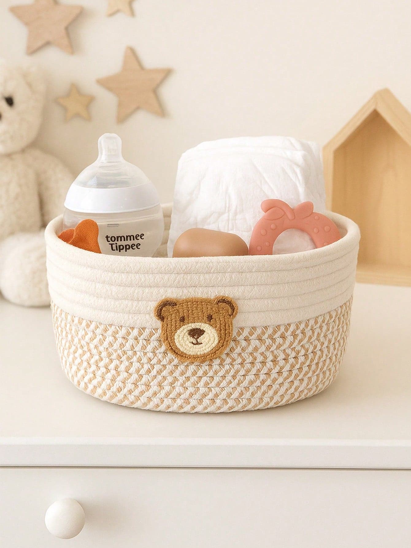 1pc Baby Diaper Storage Basket, Cute Woven Snack Organizer Bin For Nursery, Baby Supplies Storage Basket, Household Desktop Remote Control Storage Box, Bedside Storage Basket