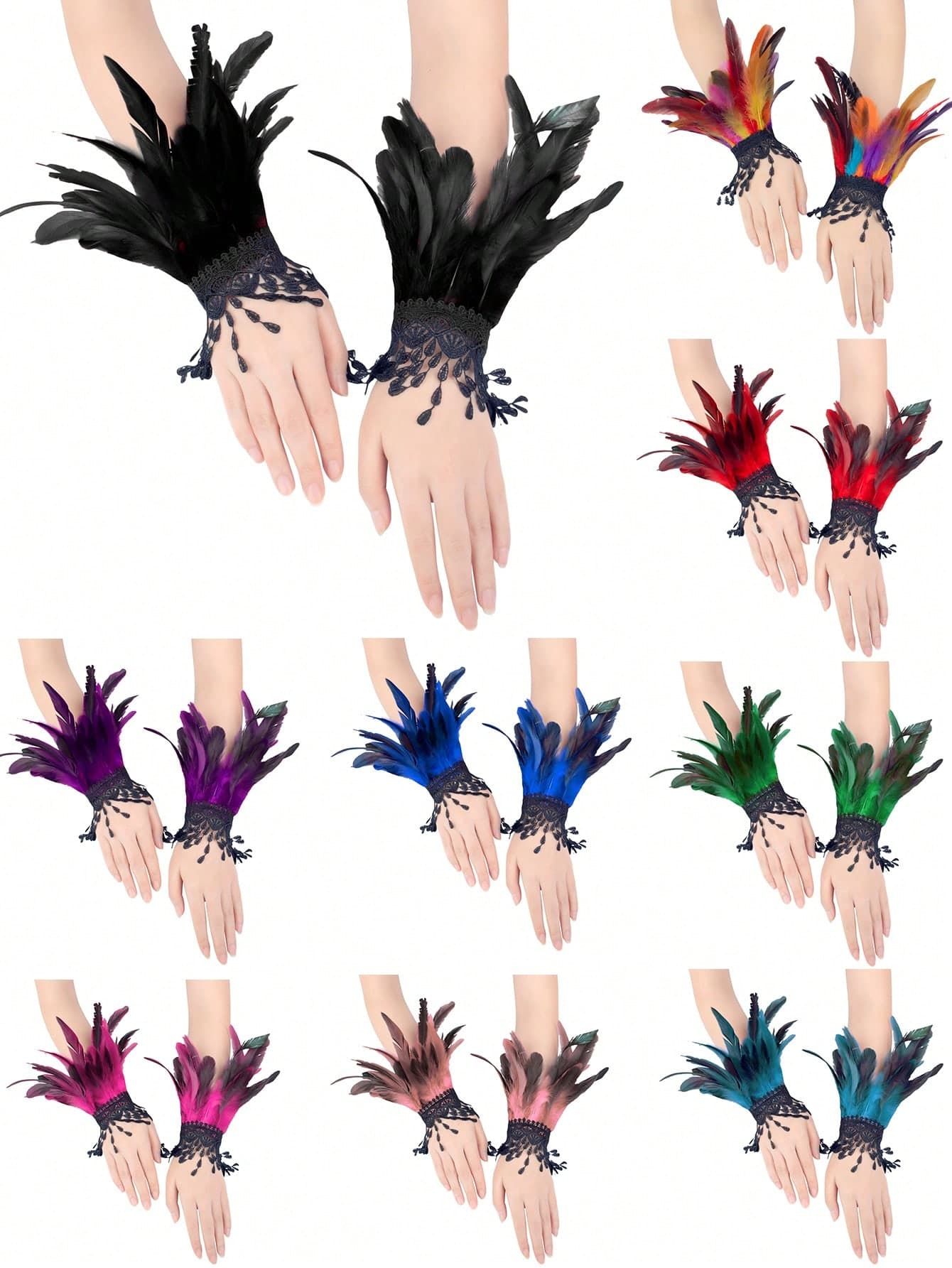 Women's Lace & Faux Feather Gloves With Swan Wristband, Halloween Cosplay Accessory