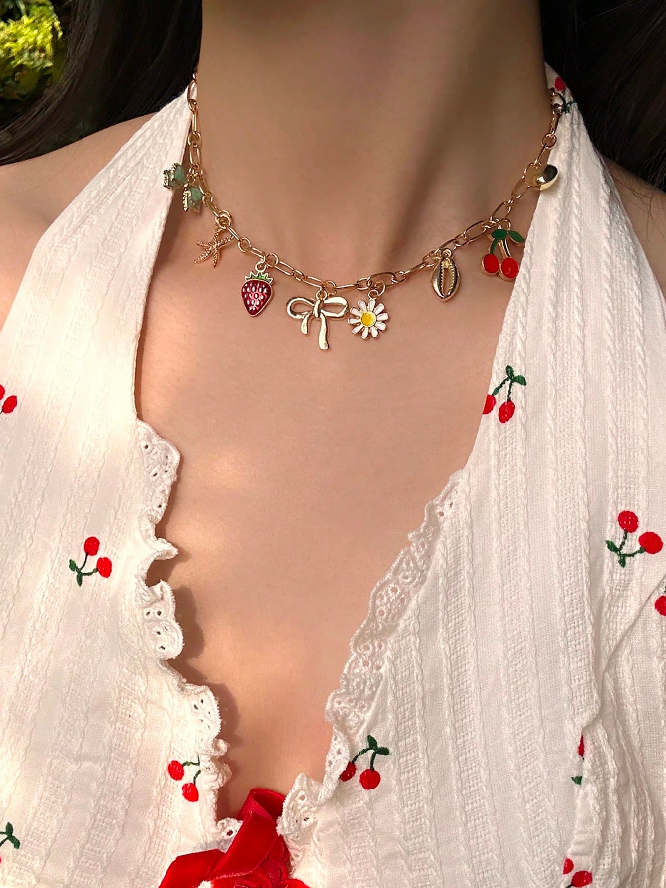 1pc Fruit Shaped Strawberry, Bow, Starfish, Cherry, Heart, Flower Pendant Necklace, Suitable For Women's Daily Wear, Gifts, Fashion Accessories