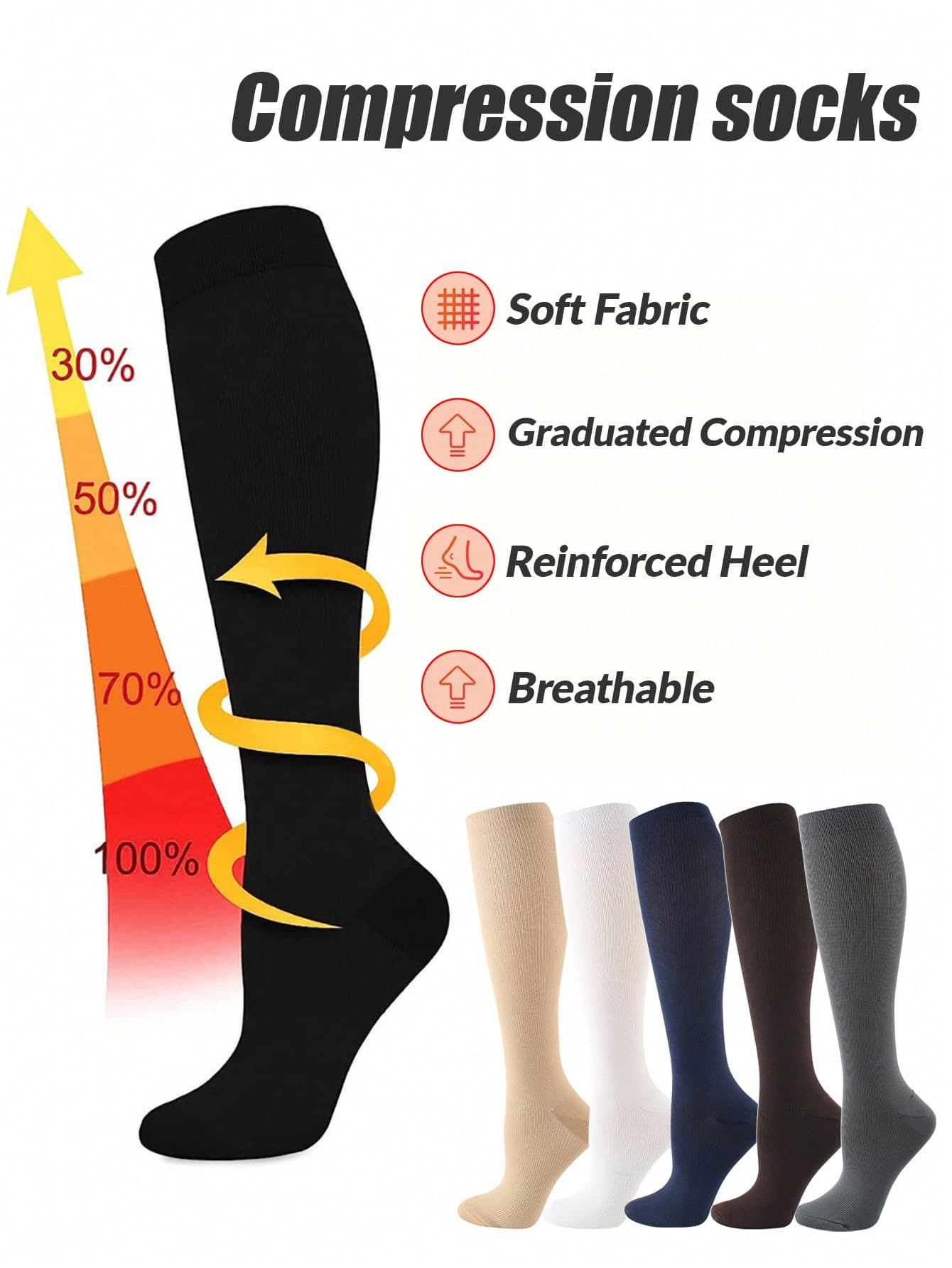1/6 Pair Unisex Compression Socks, 15-20 MmHg, Provide Optimal Support For Sports, Running, Cycling And Autumn Wear
