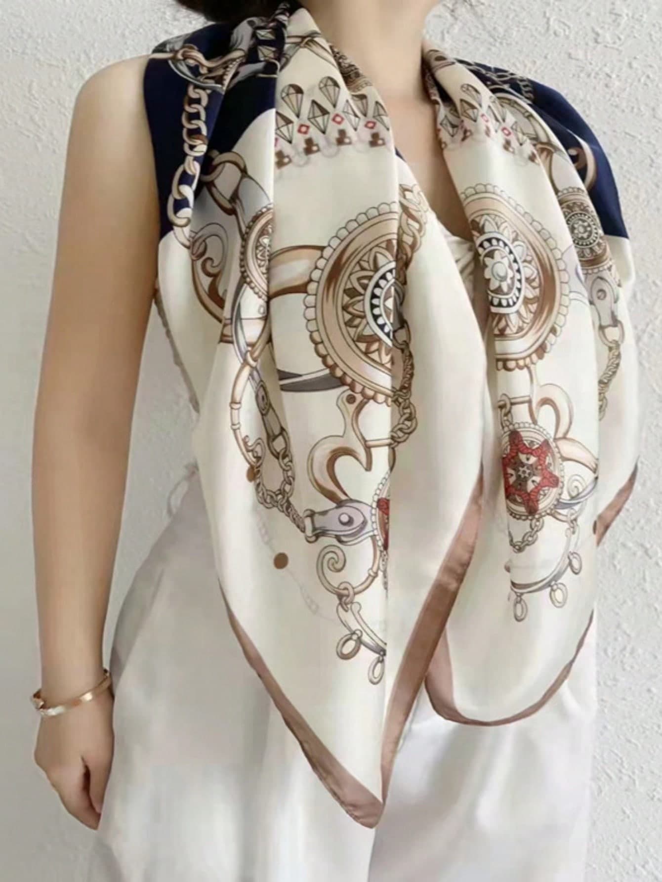 1pc 90cm X 90cm Fashion Versatile Multifunctional Scarf, Blue Chain Print Large Square Scarf, Sunscreen Shawl Headscarf For Dress