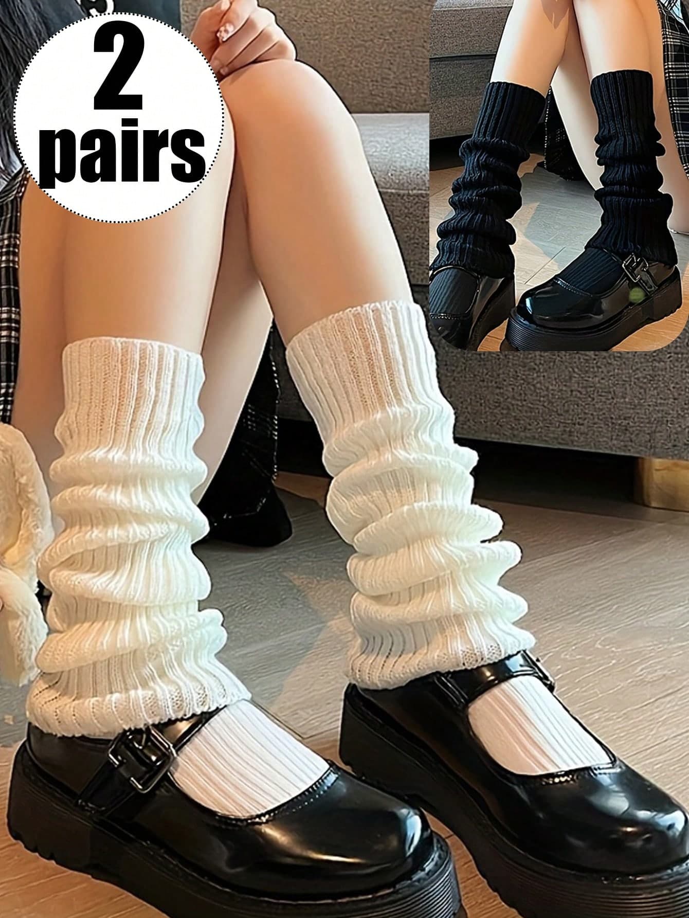 2 Pairs Black & White Oversized Knee High Socks, Elastic Polyester Solid Knit Socks, Hand Wash For Cycling Casual Festival Outfits