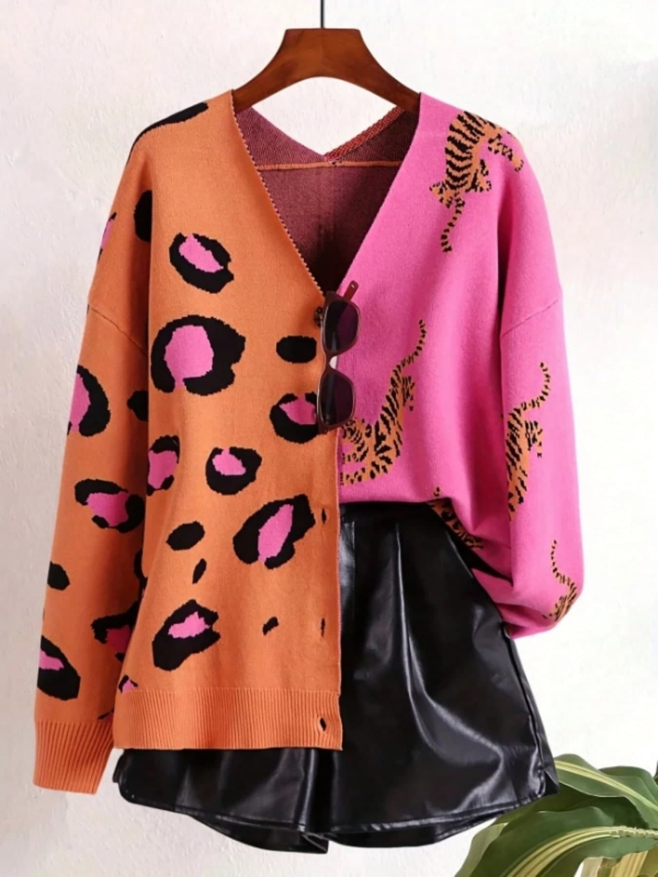 Plus Size Women Leopard Print Colorblock Knit Cardigan Sweater Jacket, Elegant Mature Style, Long Sleeve, Autumn/Winter