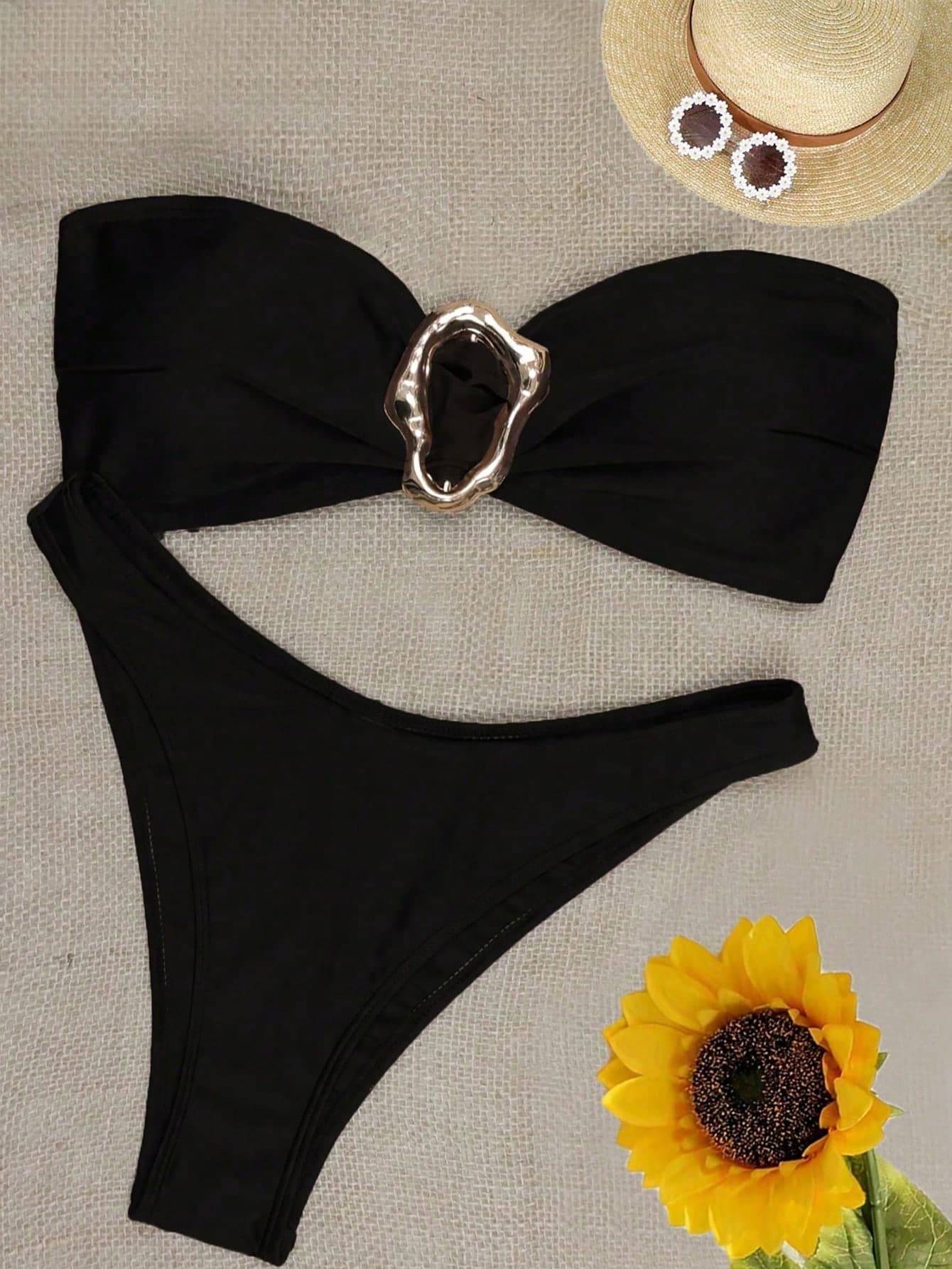 Women's Sexy Solid Color Push-Up Bikini Set, Summer Beach Vacation Black