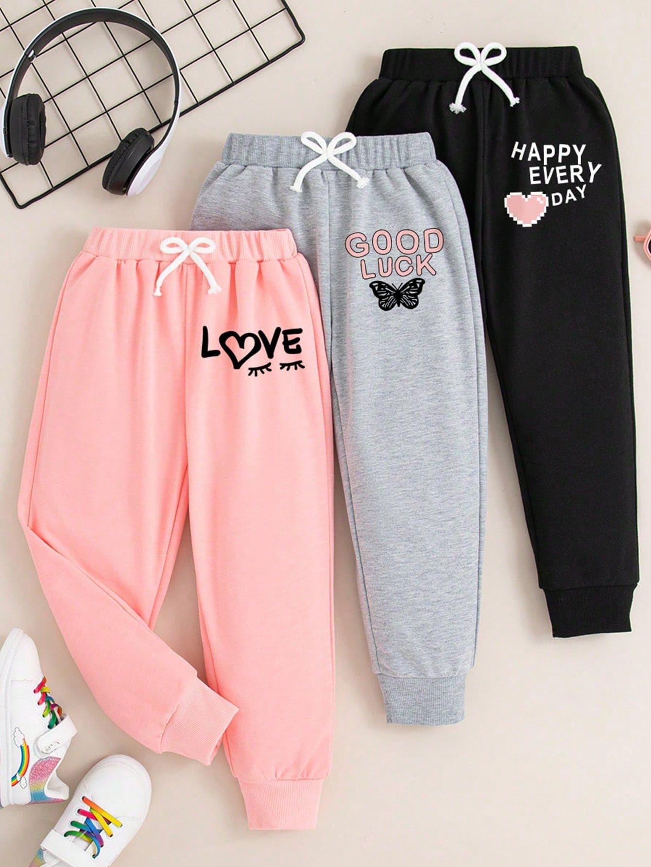 3pcs Toddler Girls' Letter & Cartoon Print Sports Pants Set