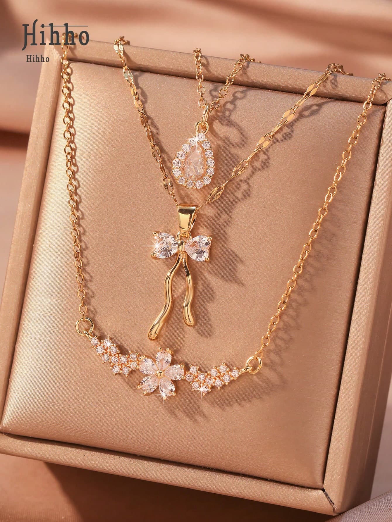 Hihho 3pcs/Set Elegant Crystal Stone Inlaid Water Drop Bow Flower Pendant Necklace Set, Fashionable & Creative Luxury Jewelry Gift For Women