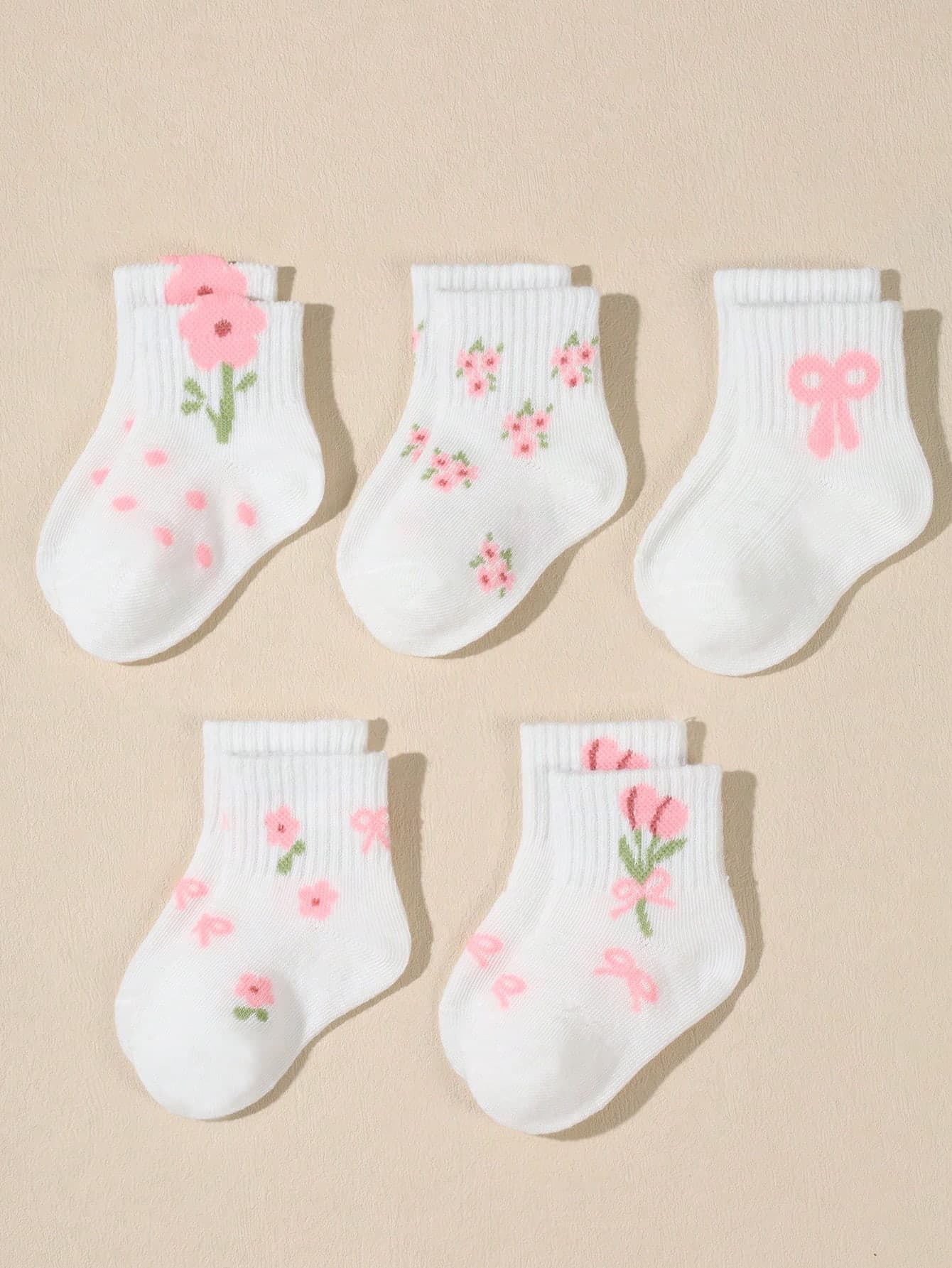 5 Pairs Baby Bow, Polka Dot, Lace Mid-Calf Elastic Socks, White, Autumn/Winter