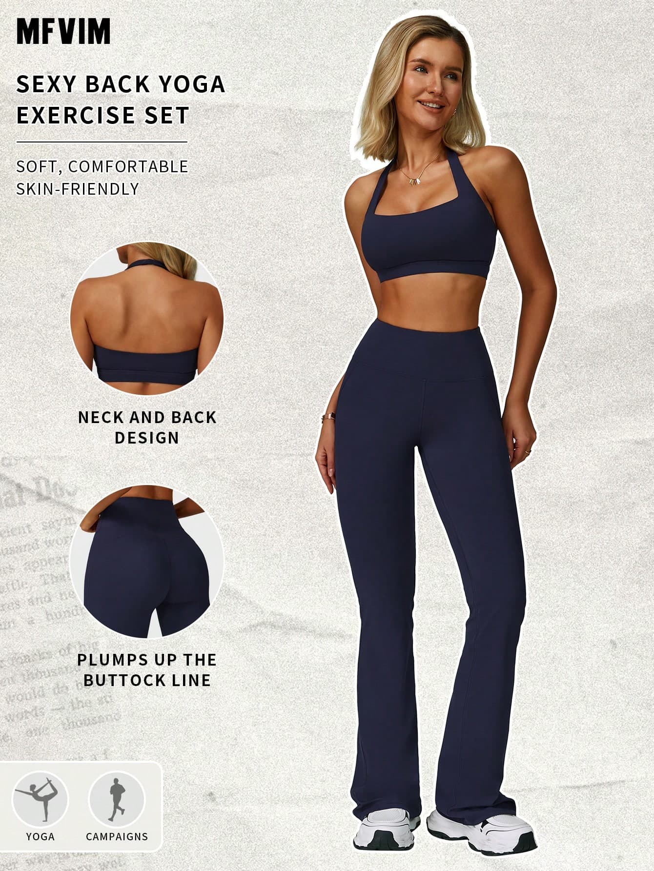 MFVIM Spring/Summer Women's Sports Bra & Leggings 2-Piece Set, Casual Athleisure Gym Wear, Halter Neck Backless Design, Slimming Waist, Hips, Legs, Flattering Fit, Breathable & Comfortable, High Elasticity 4-Way Stretch, Non-Restrictive, Washable & Non-Deforming, No Pilling & No Fading, Easy Care, Suitable For Daily Casual, Outdoor Jogging, Cycling, Yoga, Pilates, Gym Workouts, Essential Women's Fitness Apparel. Note: Please Wear Skin-Colored Undergarments.