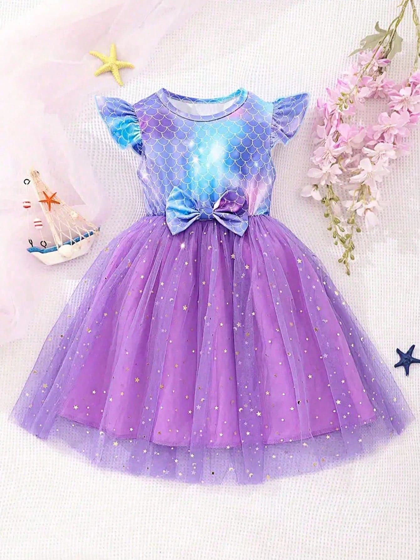 Charming Teen Girls Summer Dress - Purple Flowy Sleeves, Mermaid Scale Print & Sequin Details, Knee Length, Machine Washable, Mermaid Skirt
