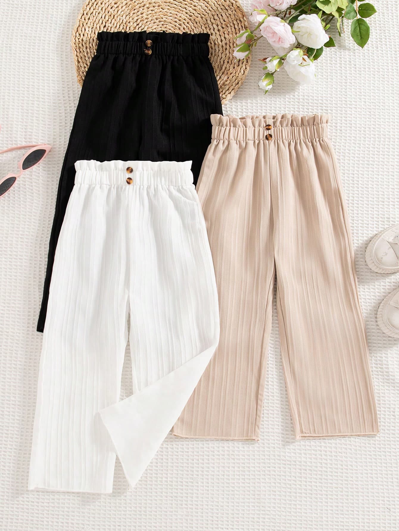 3pcs Girls Casual Solid Color Elastic Waist Pants With Faux Buttons, Regular Fit, Spring & Autumn