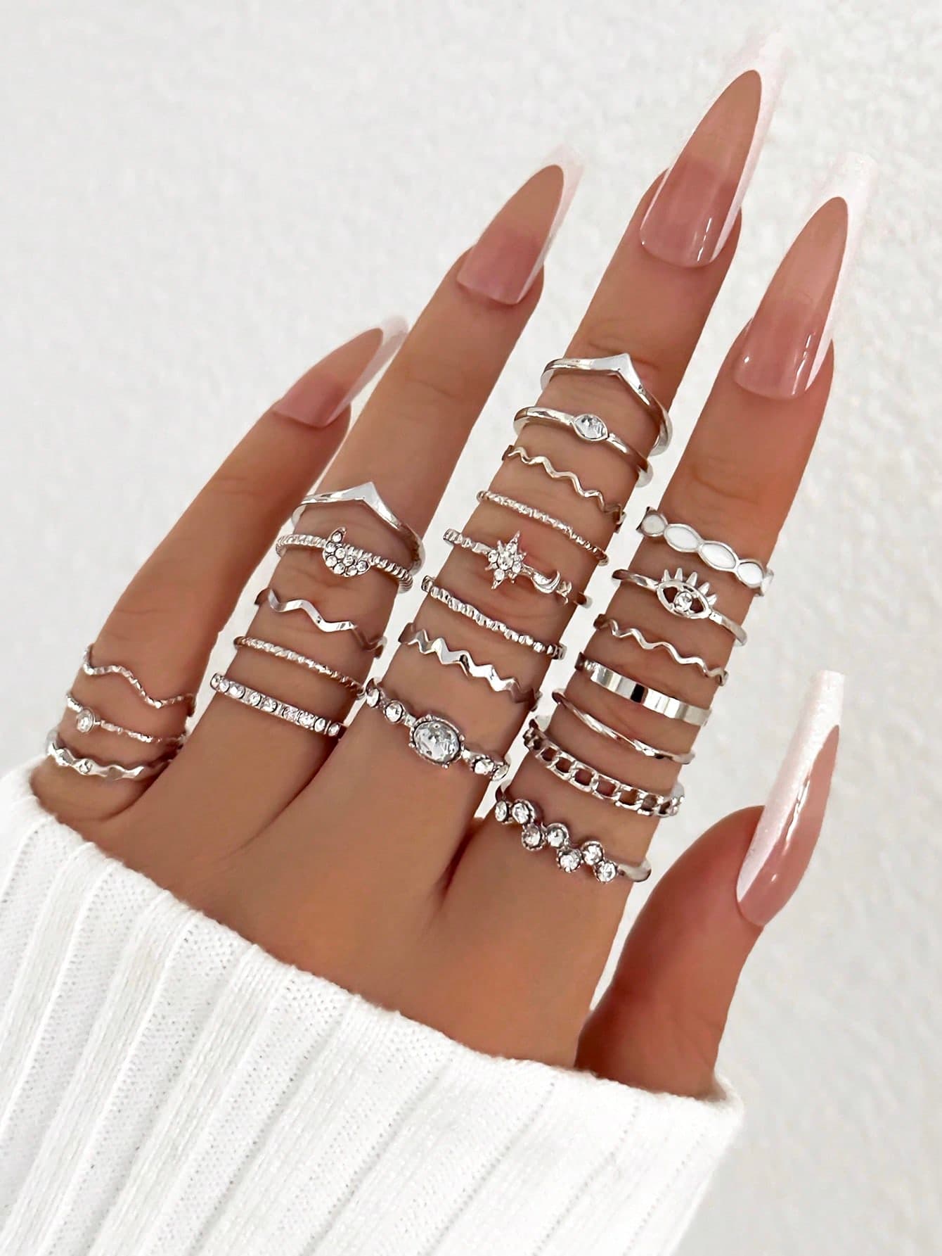 23pcs/Set Fashion Knuckle Rings Set, Women's Crystal Star Moon Eye Wave Gold & Silver Rings, Women's Party Jewelry Gift