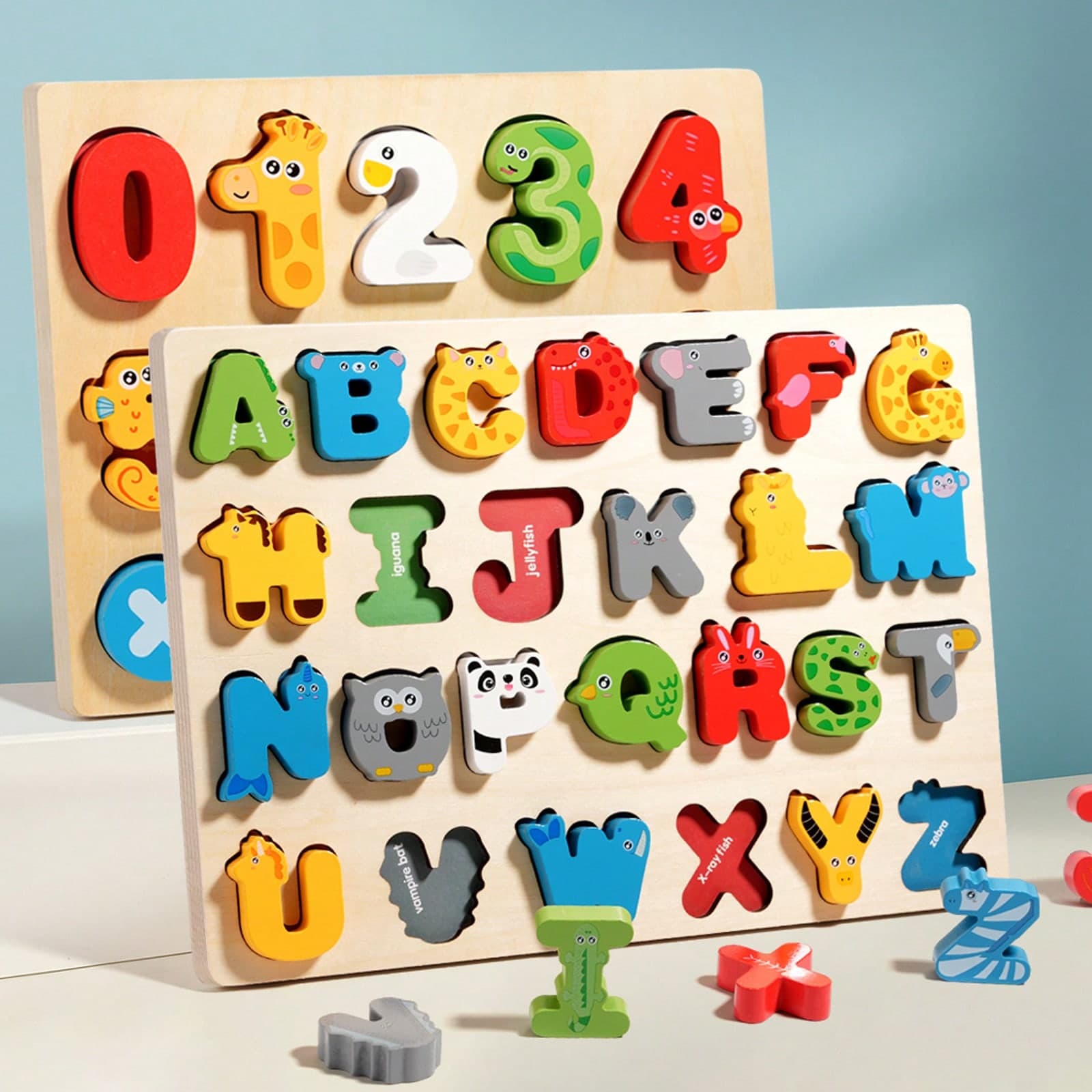 3-4-5 Years Old Kids Wooden Alphabet & Number Learning Puzzle, Montessori Preschool Educational Toys, Thick Puzzle For Boys And Girls