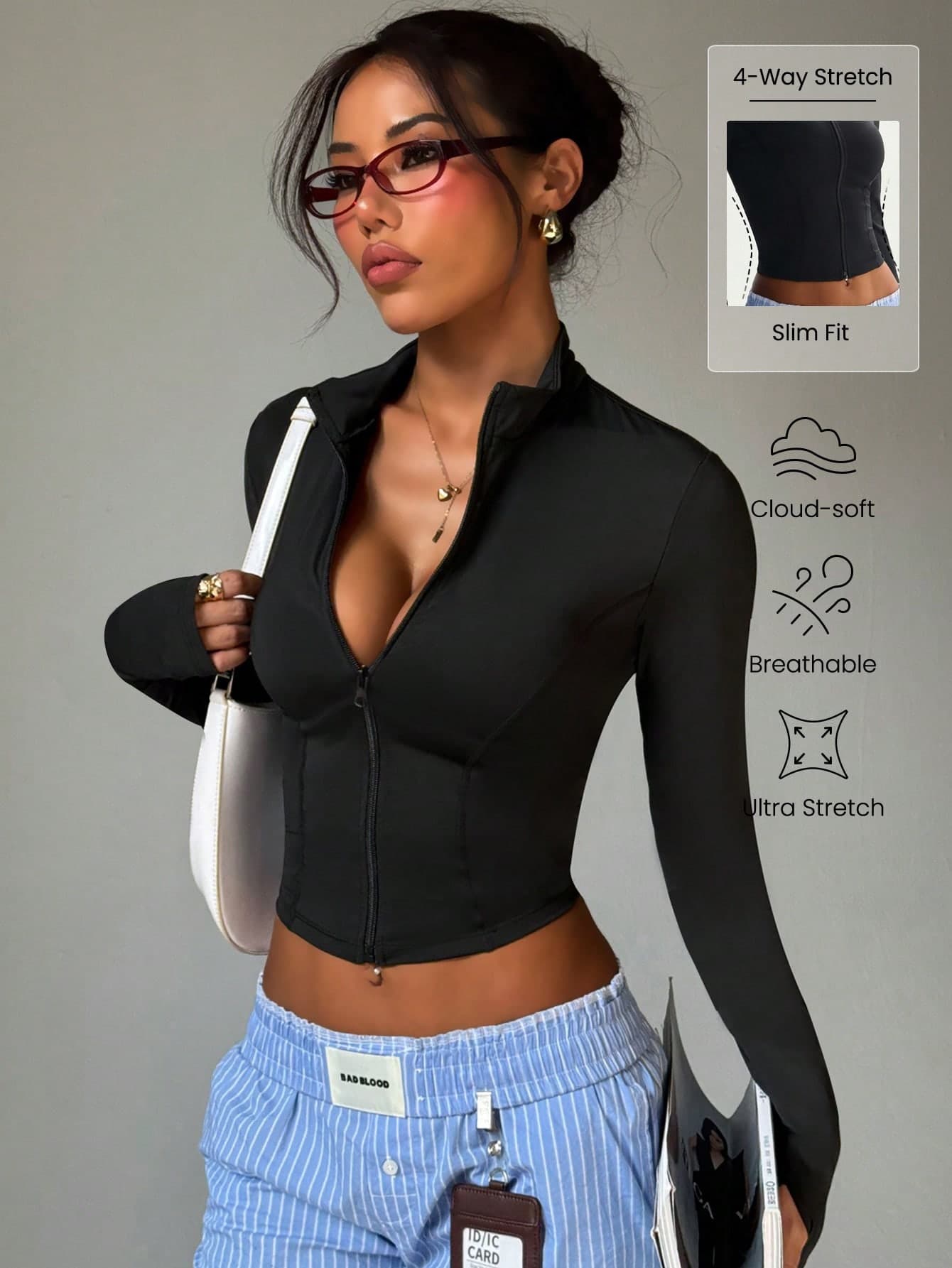 Women's Solid Color Stand Collar Zipper Long Sleeve Thumb Hole Minimalist Fashion Sports Jacket Black Spring