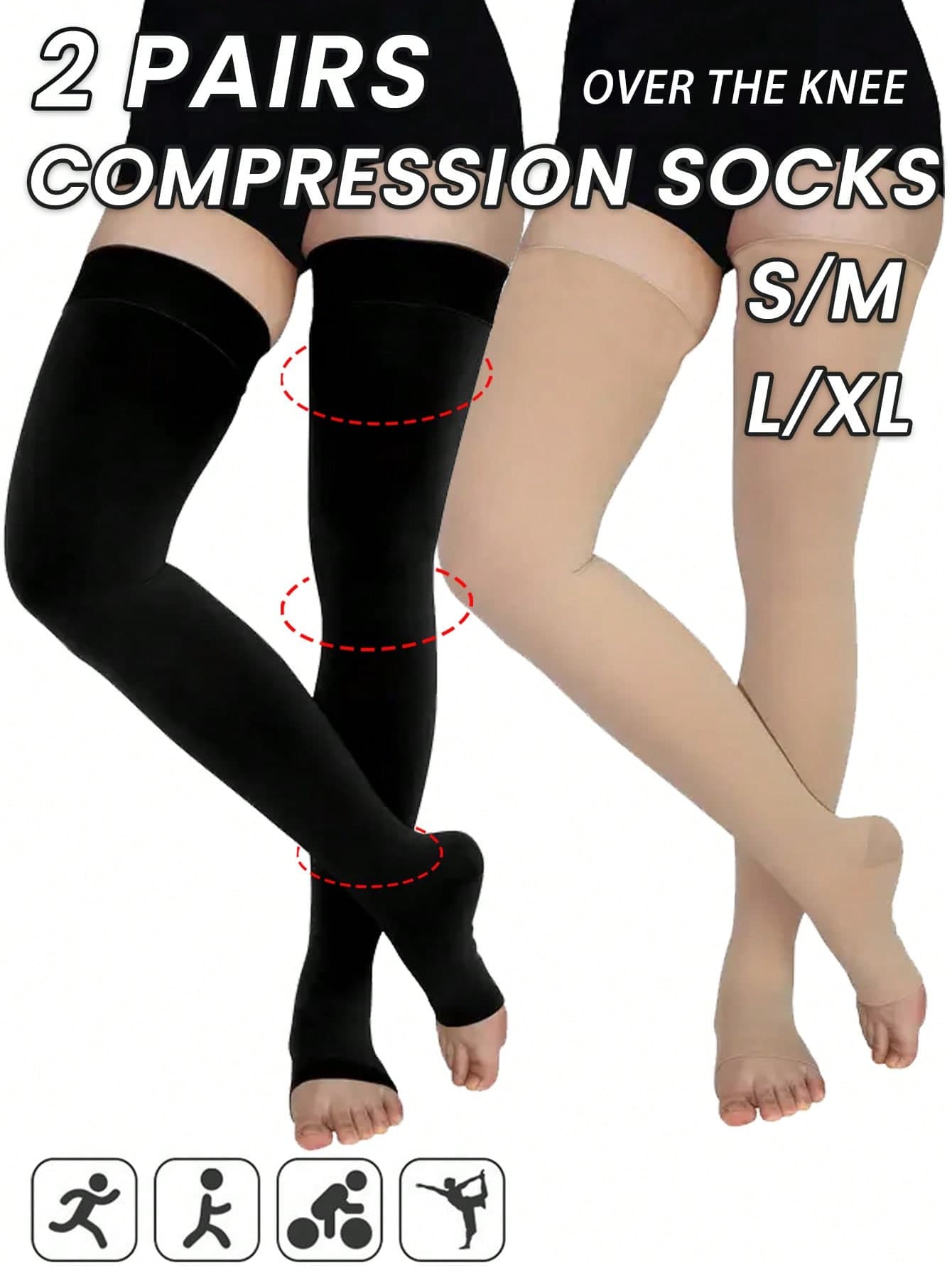 2 Pairs Women's Open Toe Over-The-Knee Socks, Black And Beige, Non-Slip, Slimming, Suitable For Office And Daily Wear, Comfortable Hosiery