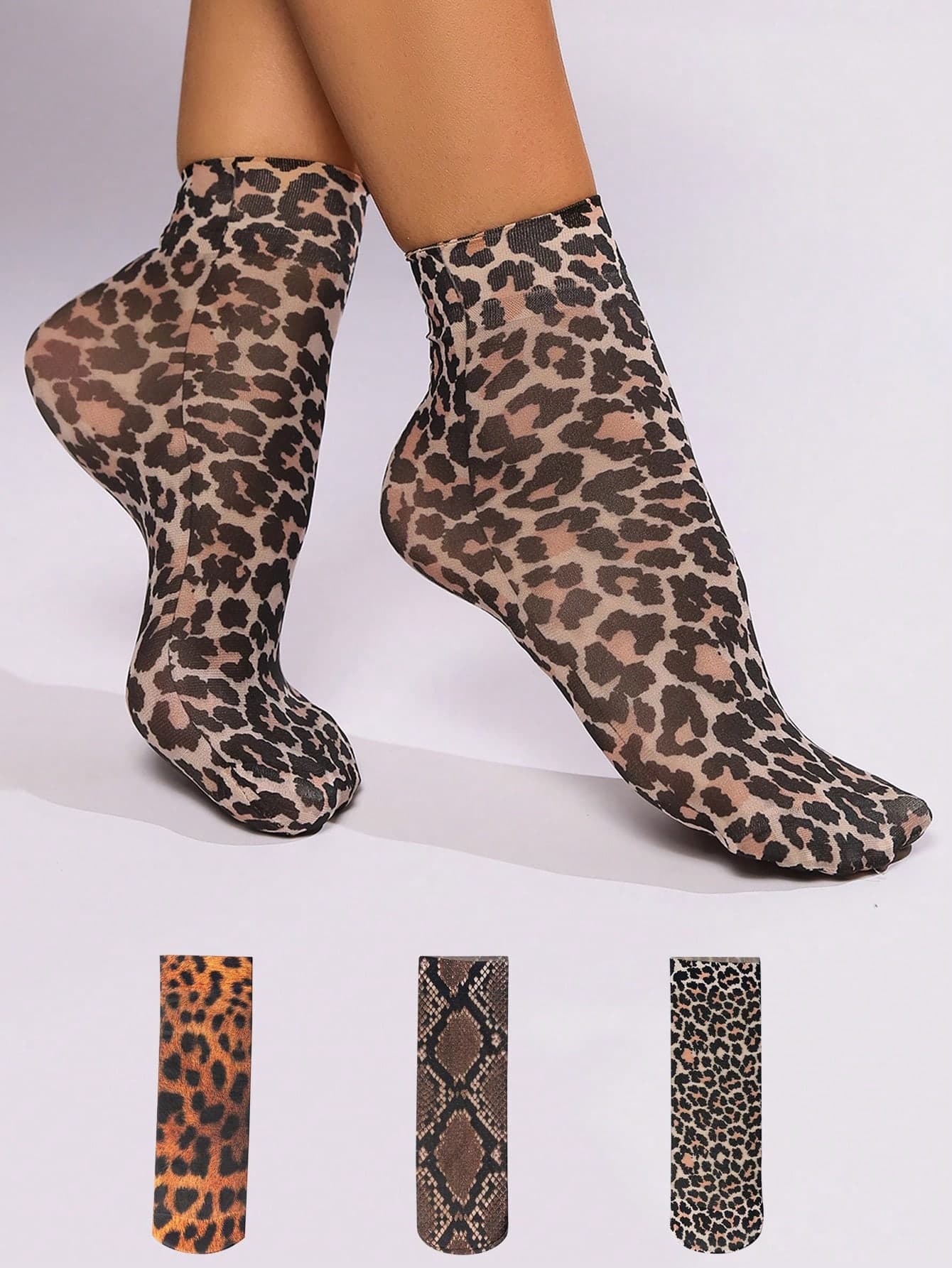 3 Pairs Leopard Print Short Socks, Thin Summer Socks, Elastic Comfortable Breathable
