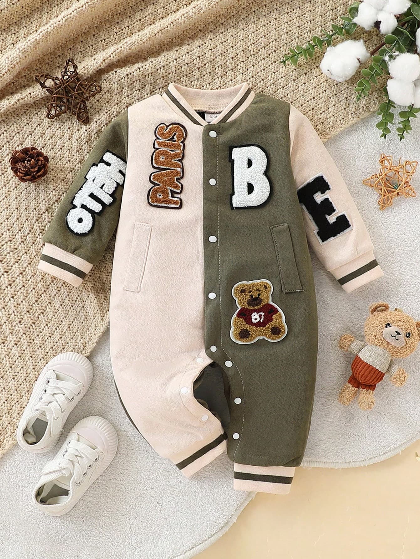 Autumn/Winter Baby Boy Fashion Personalized 3D Embroidery Patch Colorful Rib Knit Layered Fabric Stand Collar Long Sleeve Jumpsuit
