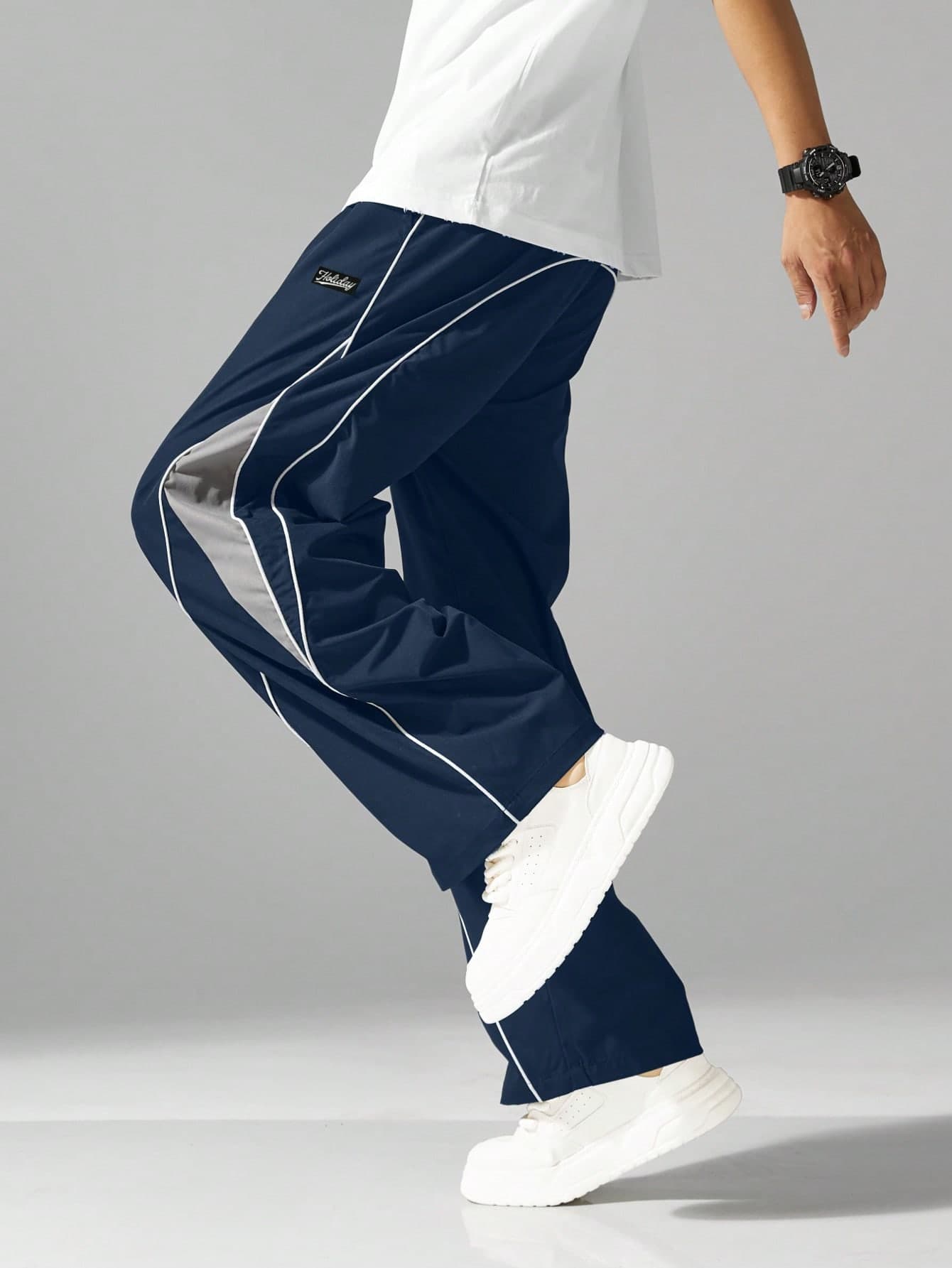 Men's Street Style Loose Fit Joggers, Drawstring Waist, Contrast Color Casual Pants, Suitable For Casual Wear, Bound Edge Trim Comfortable Elastic Waistband Drawstring Sports Style Contrast Color Fashion Casual Straight Leg Loose Pants. Gym Fashion