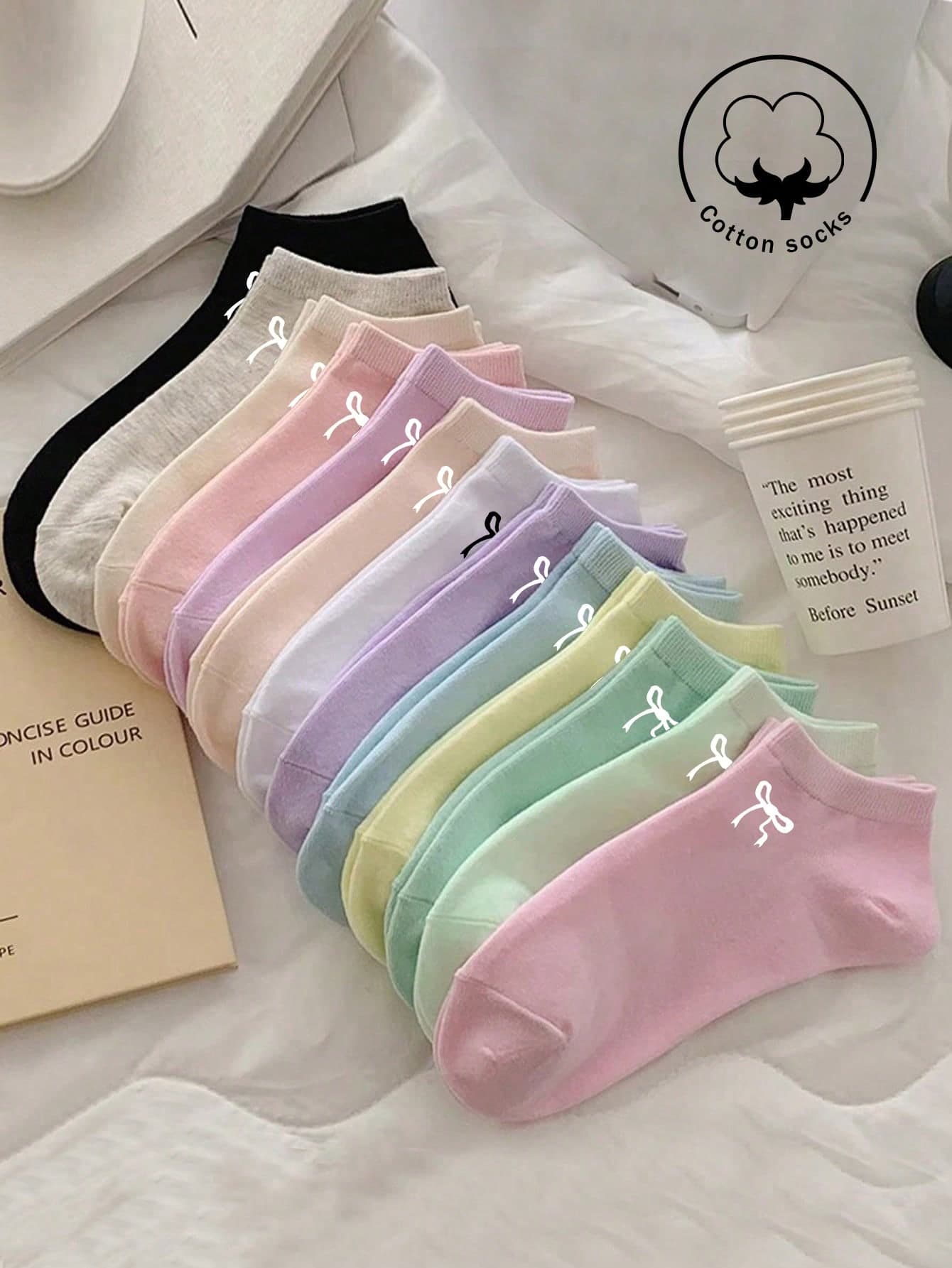 1/3/5/10/15/20/30 Pairs Of Women's Short Socks,Invisible Socks,White/Black/Grey,Cute Socks For Leisure/Daily Wear,Cartoon Details,Colors Randomly