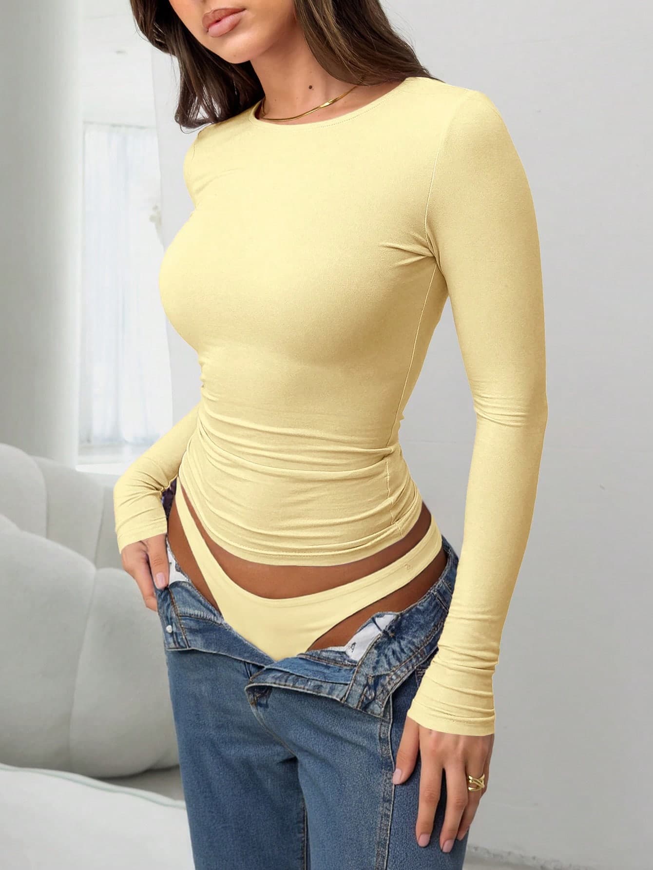Elegant & Versatile Women's Solid Color Round Neck Long Sleeve Ruched Fitted T-Shirt, Suitable For Summer And Autumn/Winter Seasons Casual Spring