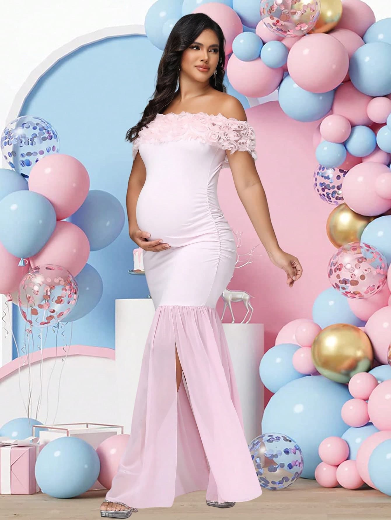JustVH Maternity Floral Off-Shoulder Dress Elegant Chiffon Slit Hem Gown For Baby Shower Photoshoot Pink